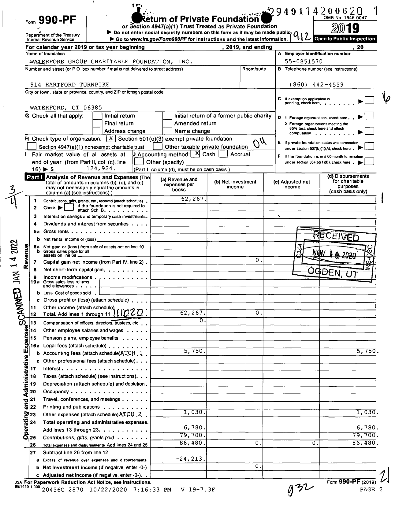 Image of first page of 2019 Form 990PF for Waterford Group Charitable Foundation