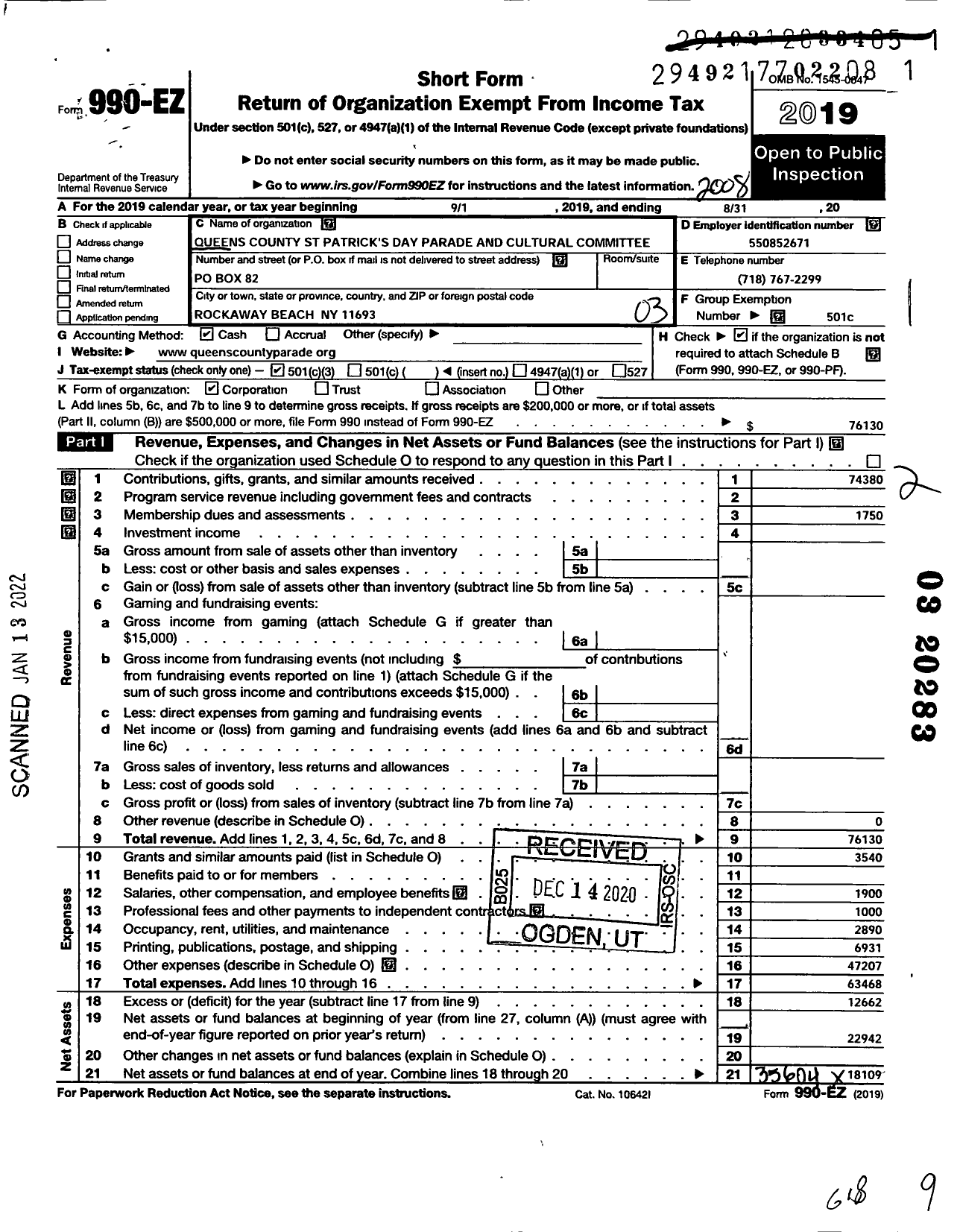 Image of first page of 2019 Form 990EZ for Queens County St Patricks Day Parade and Cultural Committee