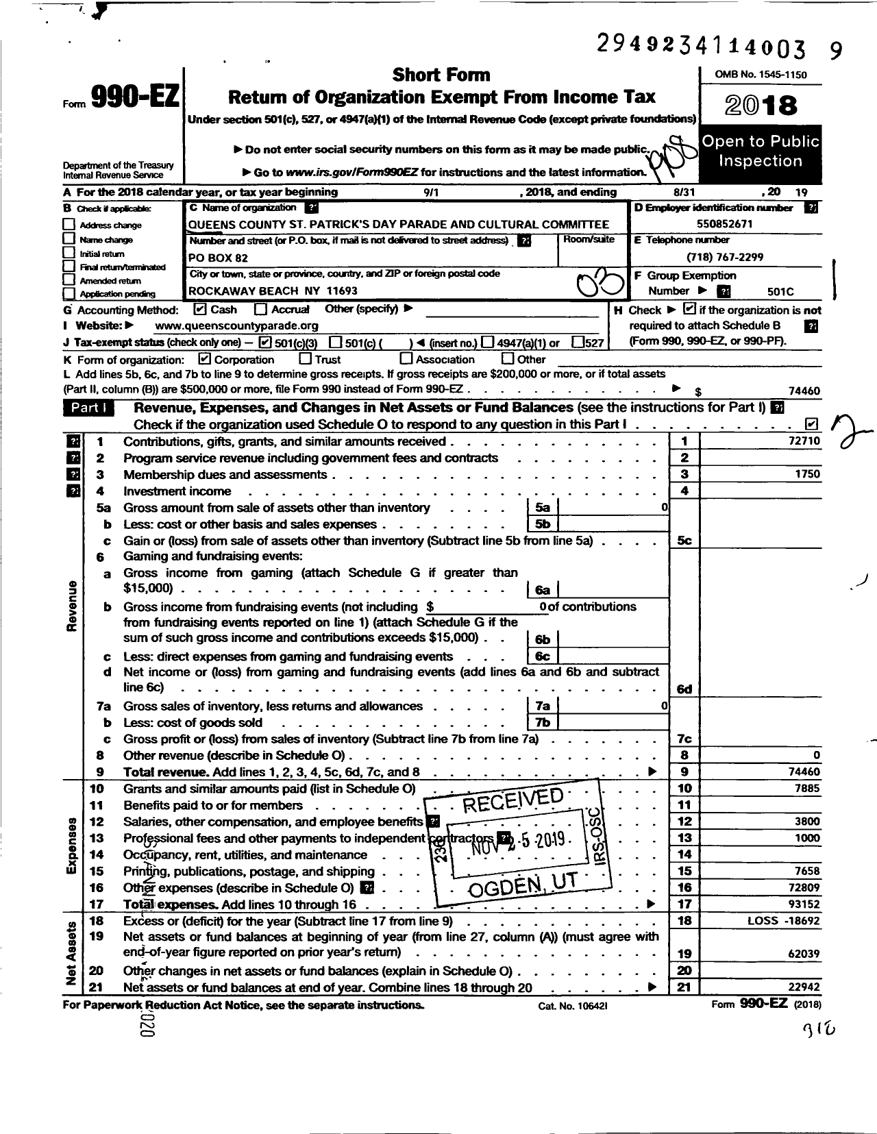 Image of first page of 2018 Form 990EZ for Queens County St Patricks Day Parade and Cultural Committee