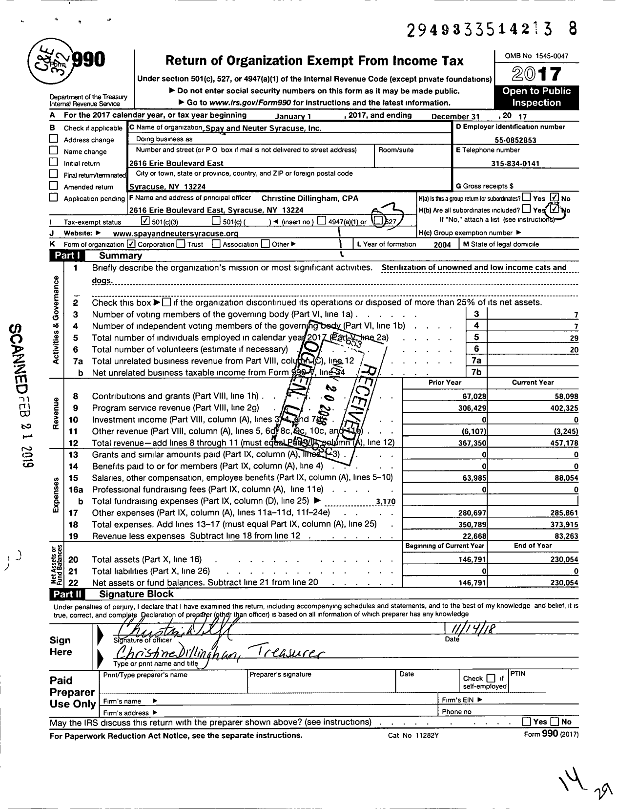 Image of first page of 2017 Form 990 for Spay and Neuter Syracuse