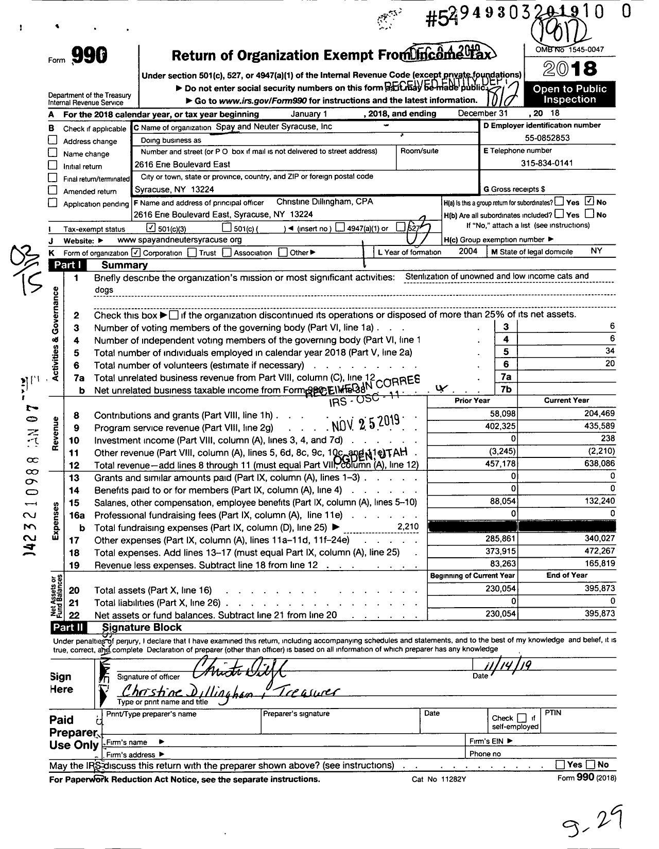 Image of first page of 2018 Form 990 for Spay and Neuter Syracuse