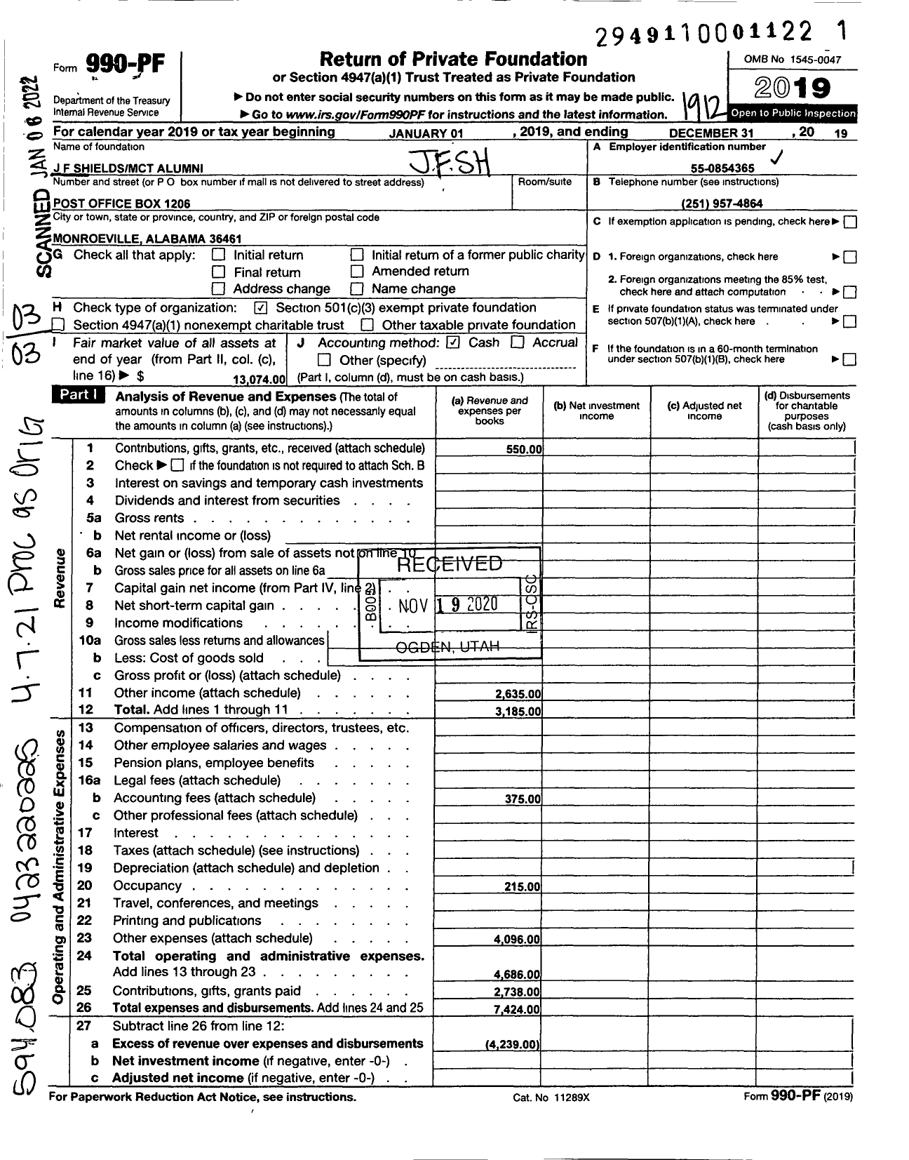 Image of first page of 2019 Form 990PF for J F Shields M C T School Alumni Association