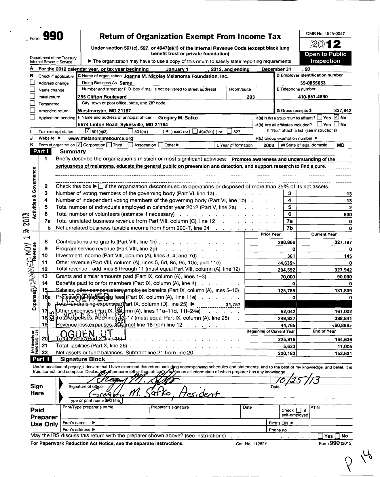 Image of first page of 2012 Form 990 for Joanna M Nicolay Melanoma Foundation