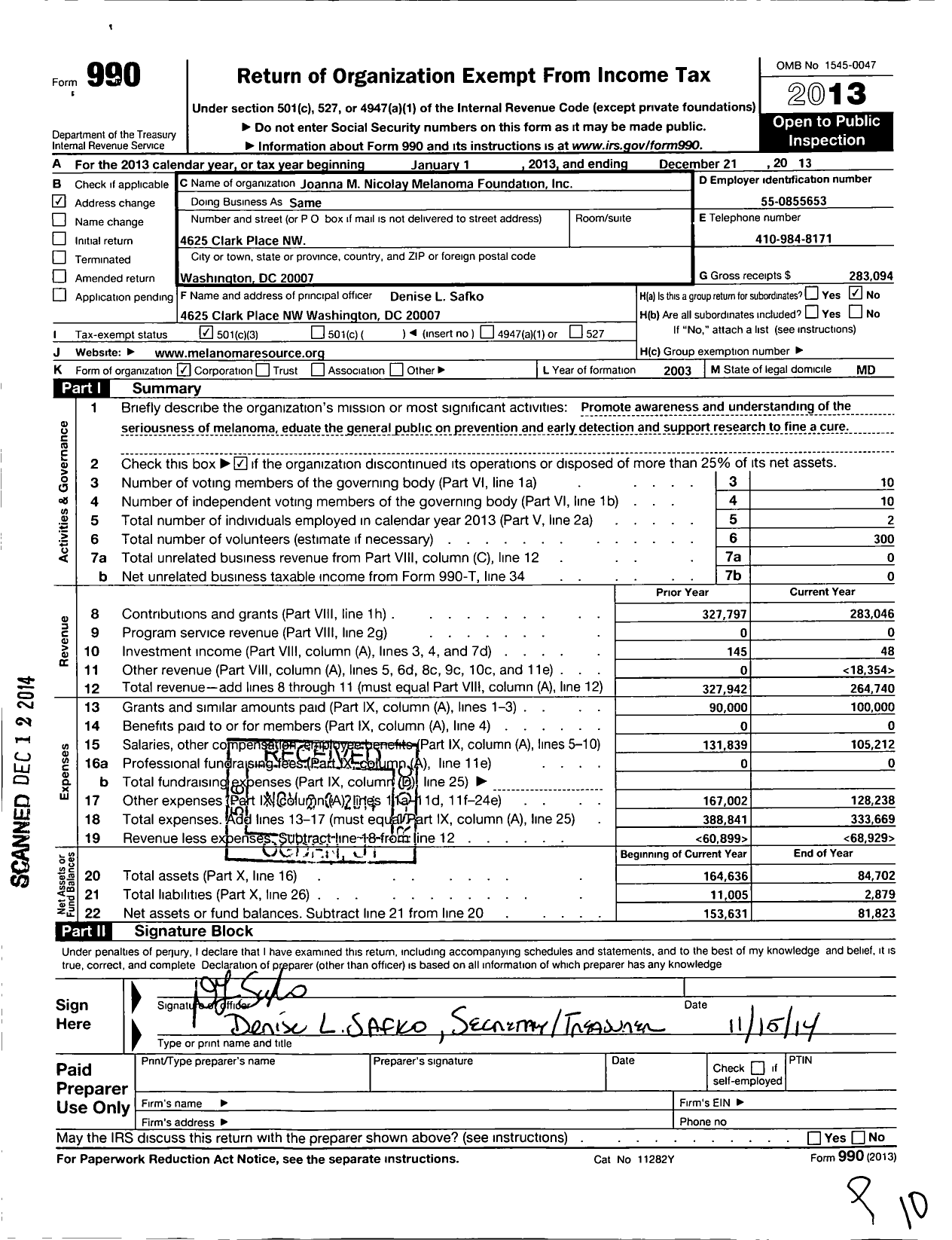 Image of first page of 2013 Form 990 for Joanna M Nicolay Melanoma Foundation