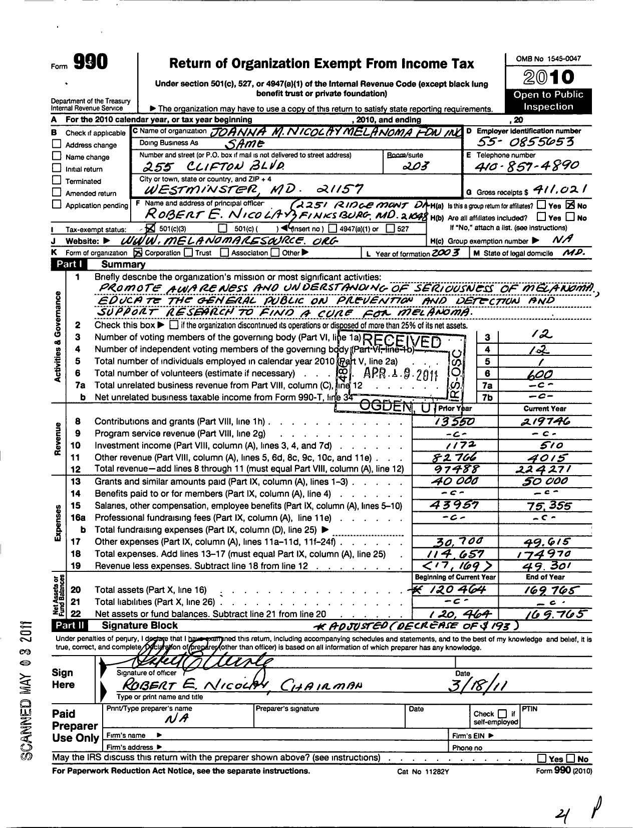 Image of first page of 2010 Form 990 for Joanna M Nicolay Melanoma Foundation