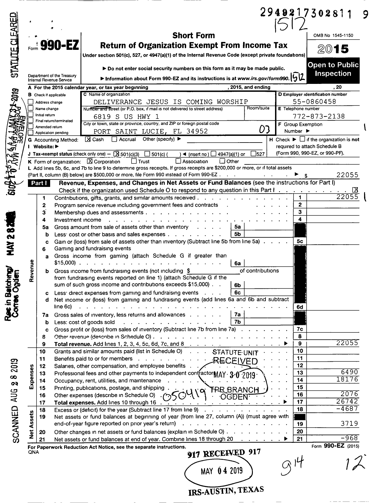 Image of first page of 2015 Form 990EZ for Deliverance Jesus Is Coming Worship Center