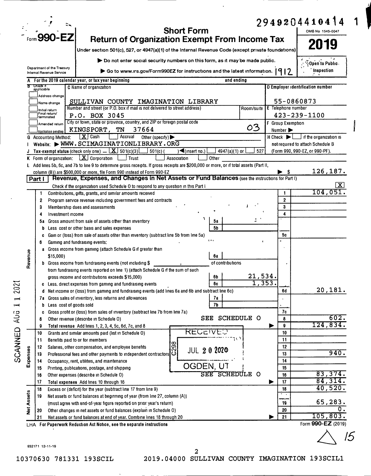 Image of first page of 2019 Form 990EZ for Sullivan County Imagination Library