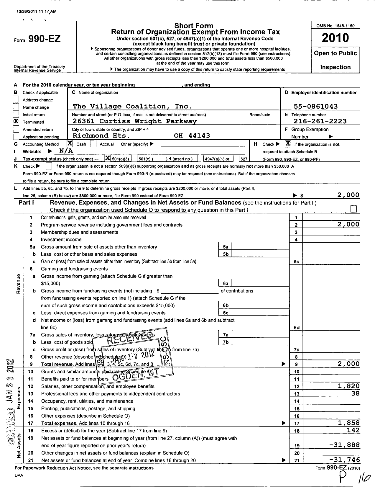 Image of first page of 2010 Form 990EZ for Village Coalition