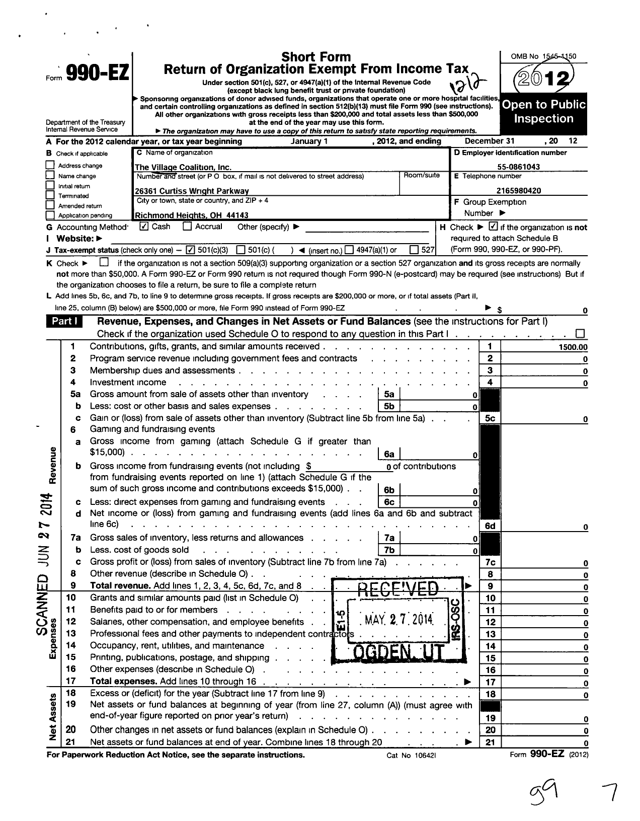 Image of first page of 2012 Form 990EZ for Village Coalition