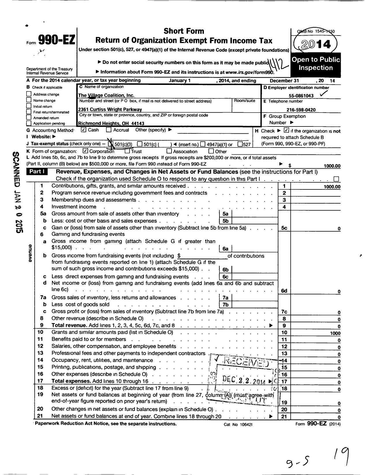 Image of first page of 2014 Form 990EZ for Village Coalition