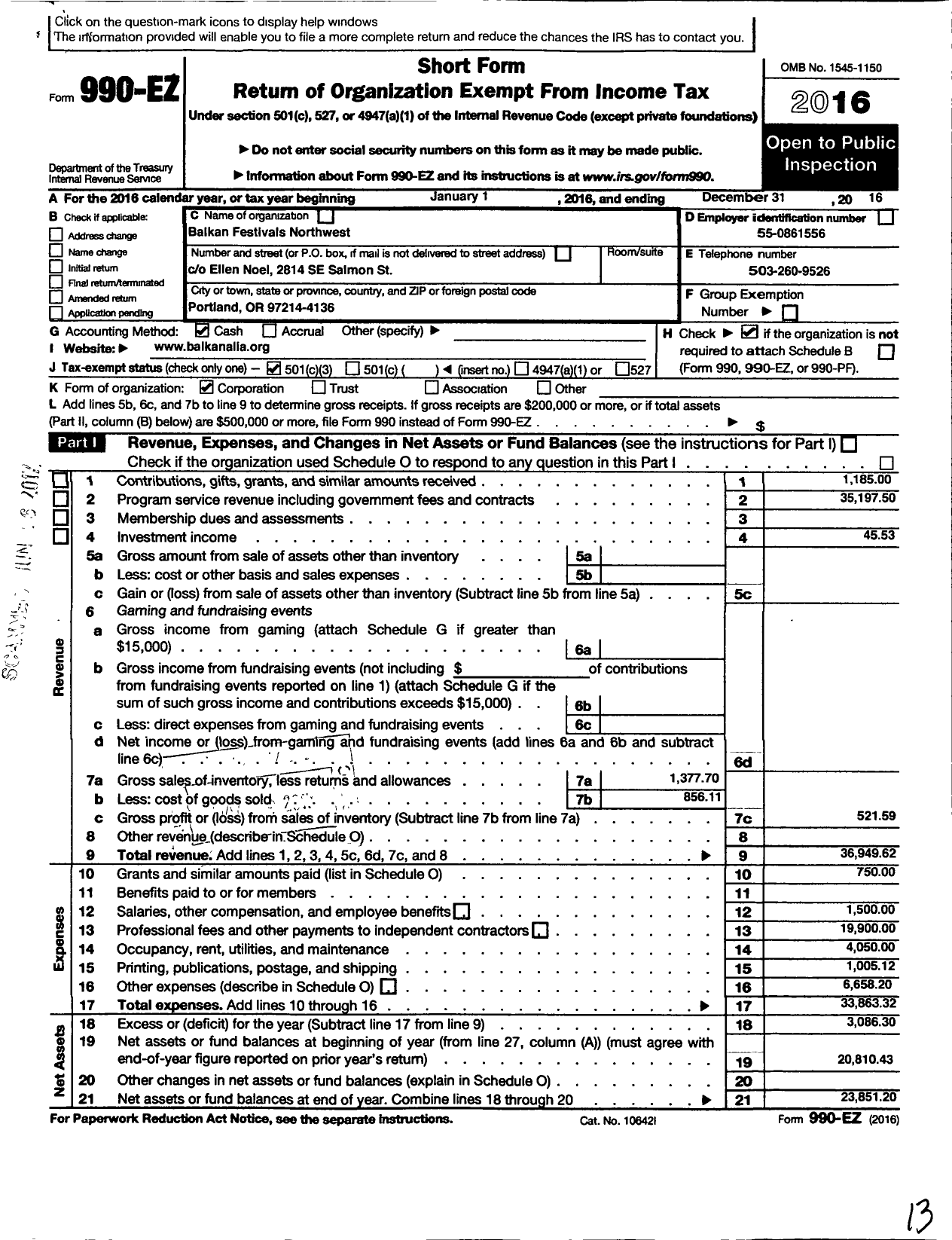 Image of first page of 2016 Form 990EZ for Balkan Festivals Northwest