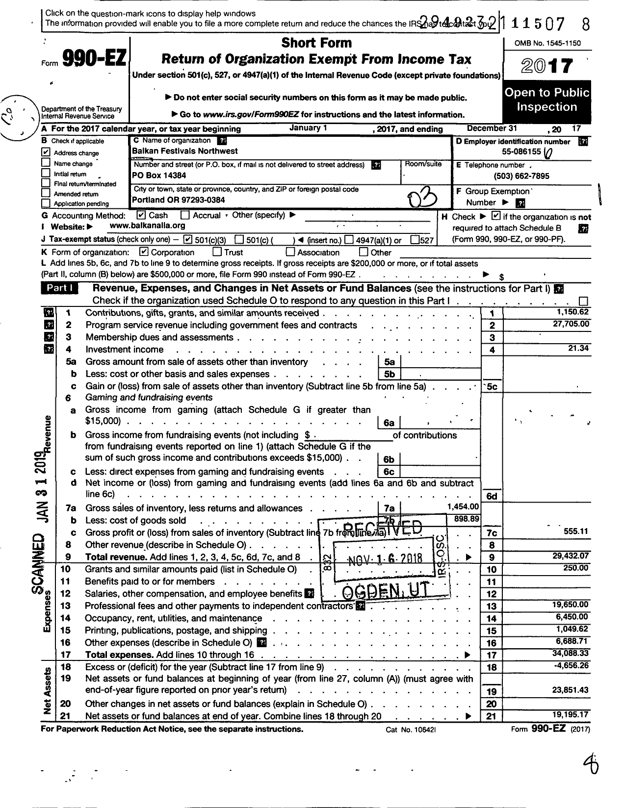 Image of first page of 2017 Form 990EZ for Balkan Festivals Northwest