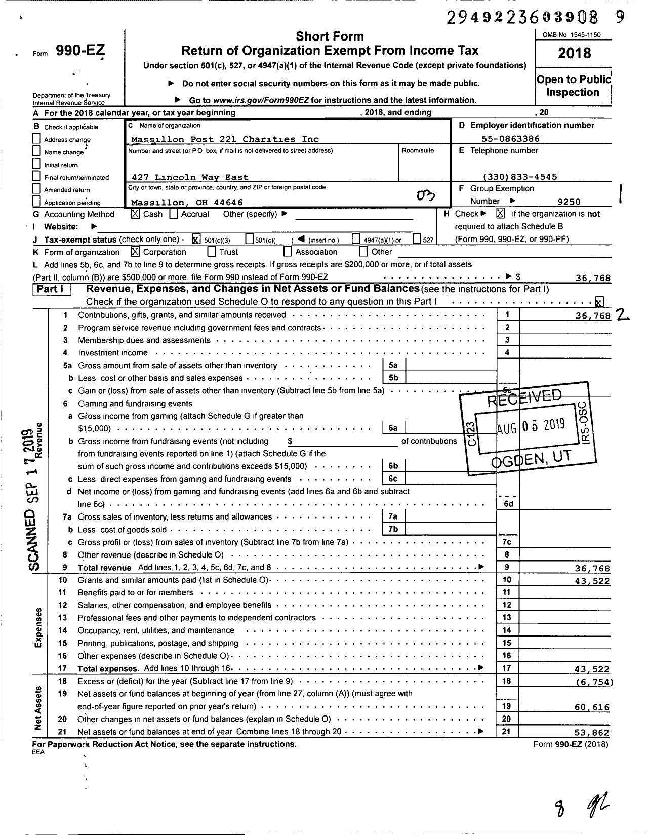 Image of first page of 2018 Form 990EZ for Massillon Post 221 Charities