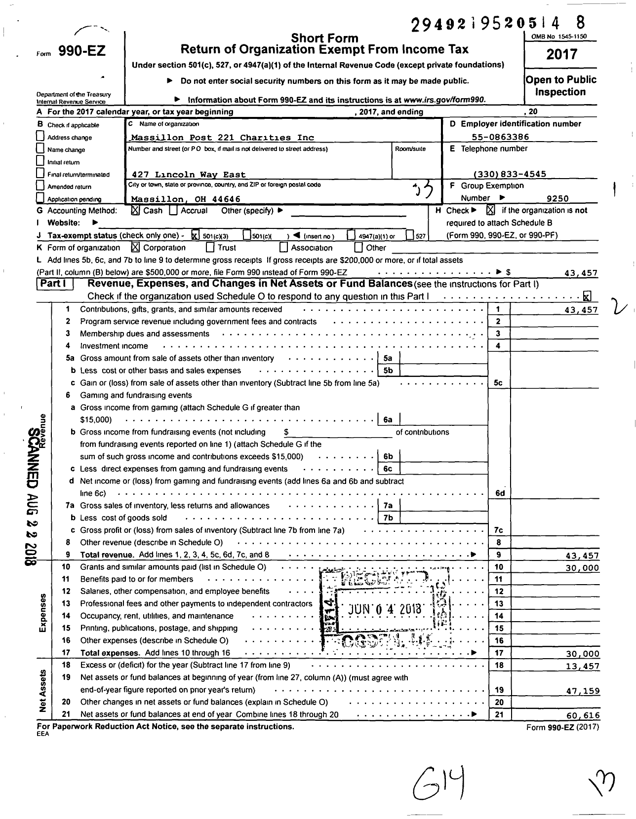 Image of first page of 2017 Form 990EZ for Massillon Post 221 Charities