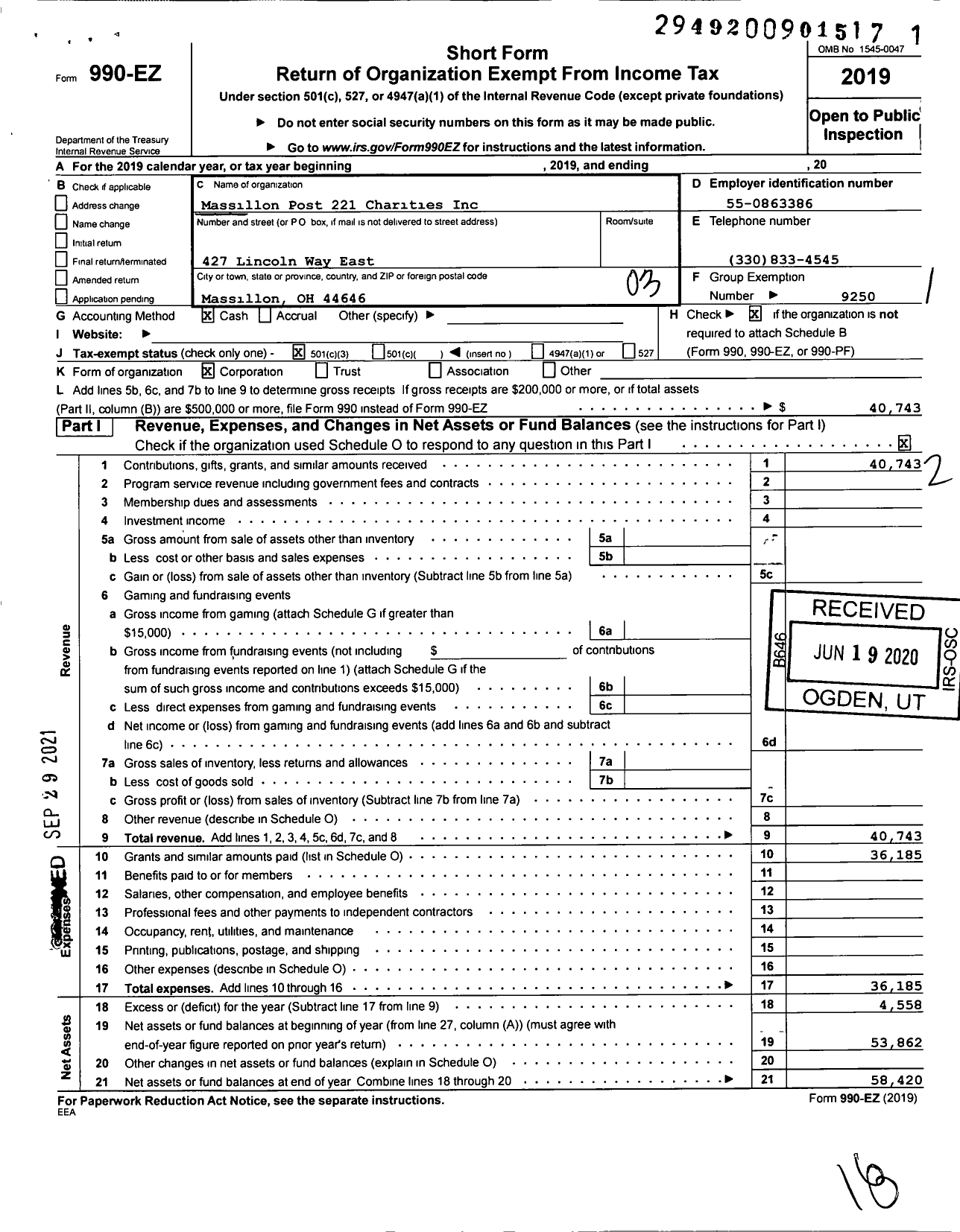 Image of first page of 2019 Form 990EZ for Massillon Post 221 Charities