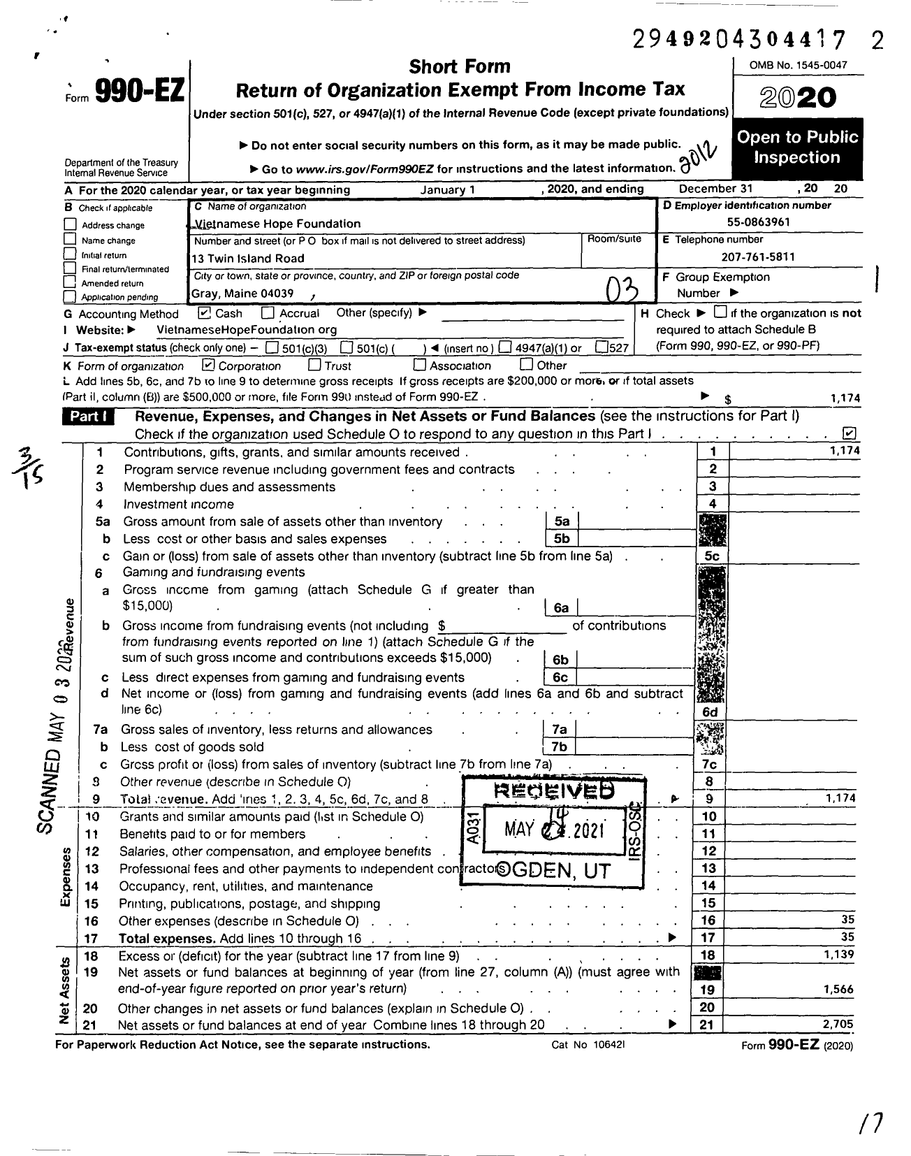 Image of first page of 2020 Form 990EZ for Vietnamese Hope Foundation