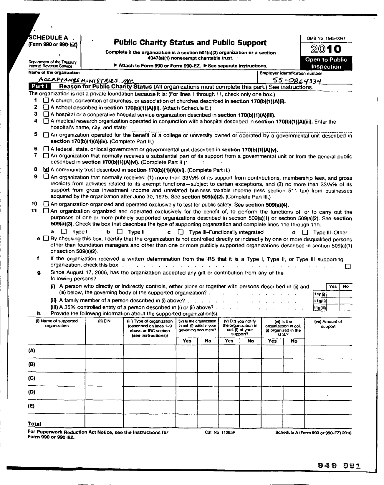 Image of first page of 2010 Form 990ER for Acceptance Ministries