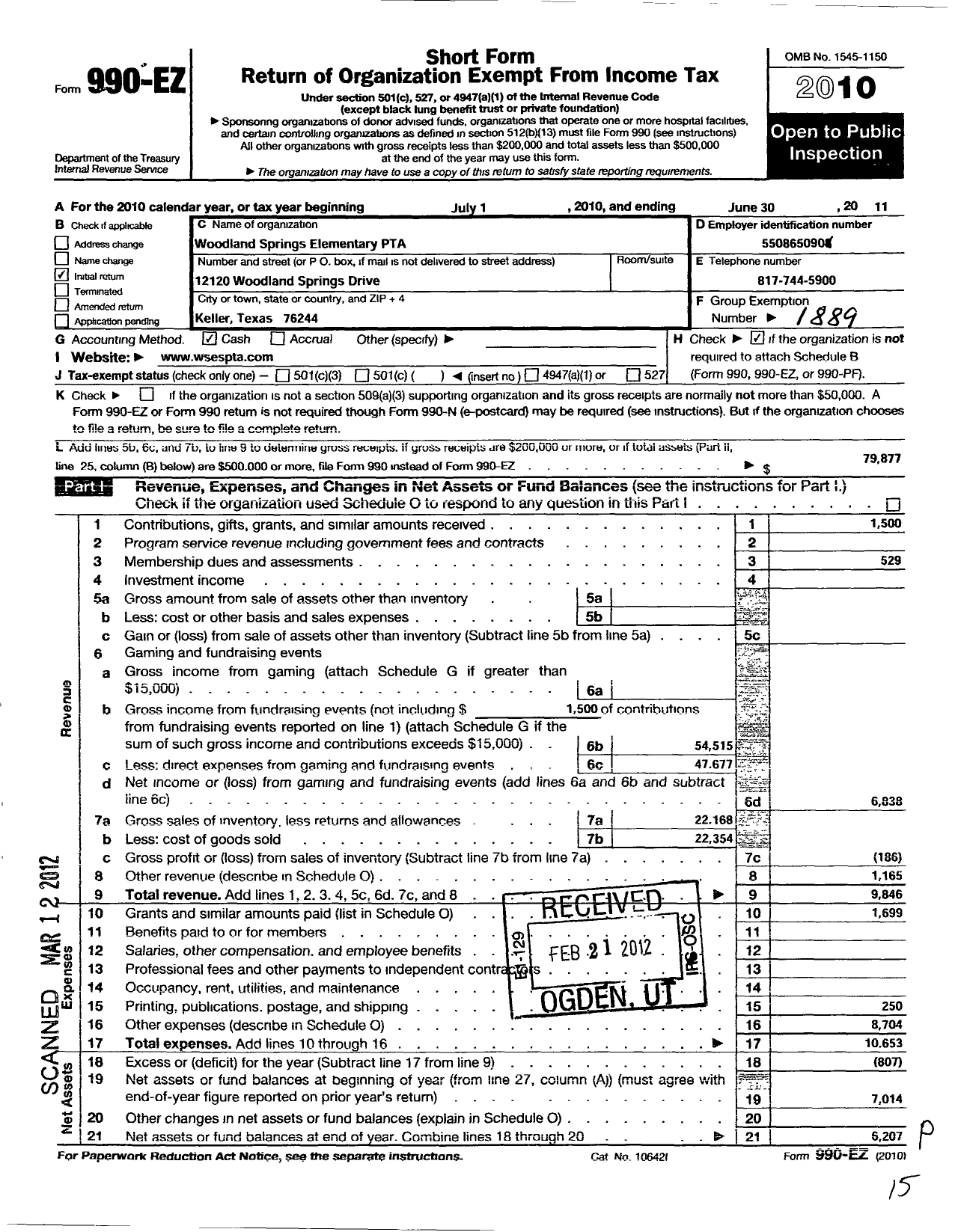 Image of first page of 2010 Form 990EO for Texas PTA - Woodland Springs Elementary PTA