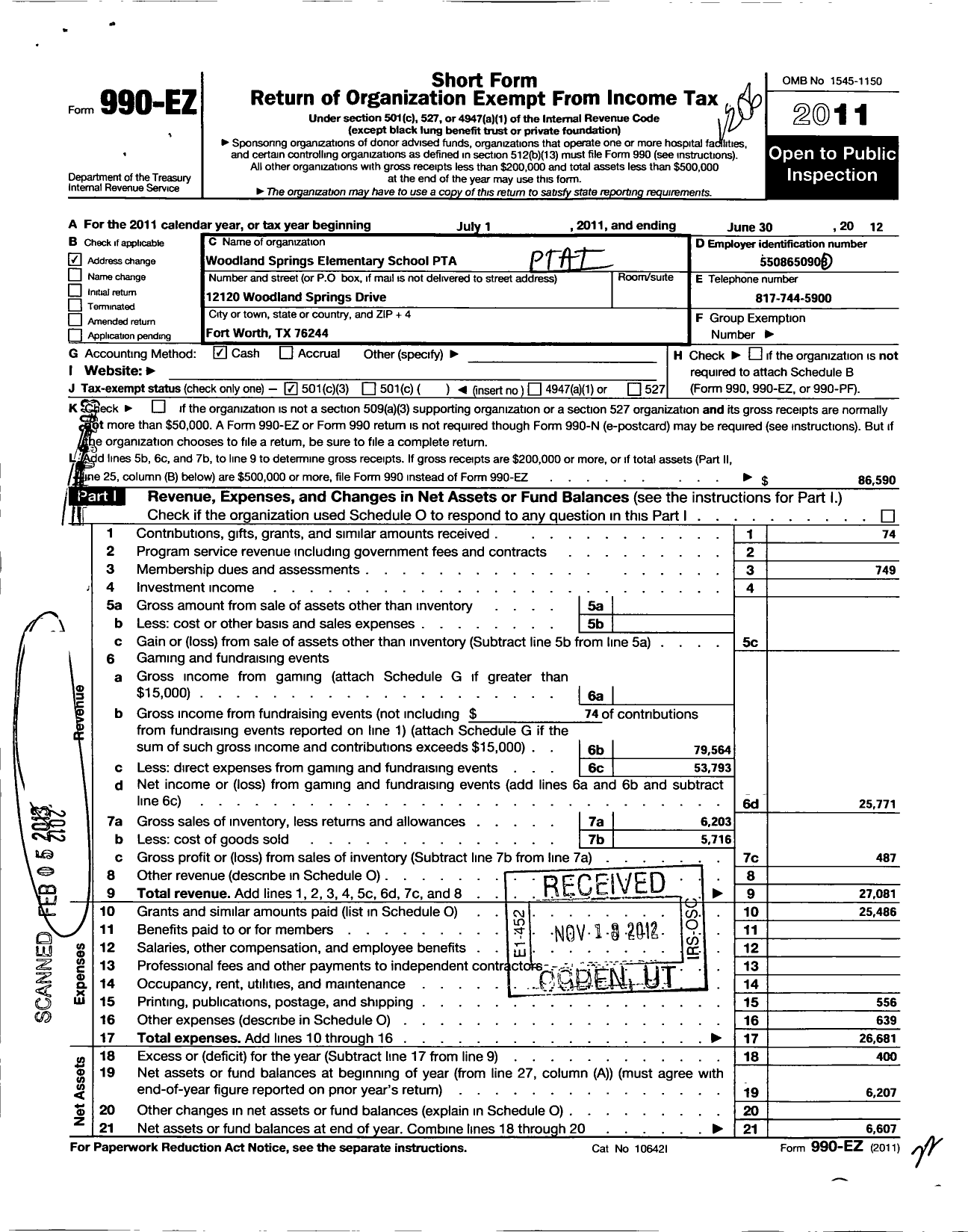 Image of first page of 2011 Form 990EZ for Texas PTA - Woodland Springs Elementary PTA