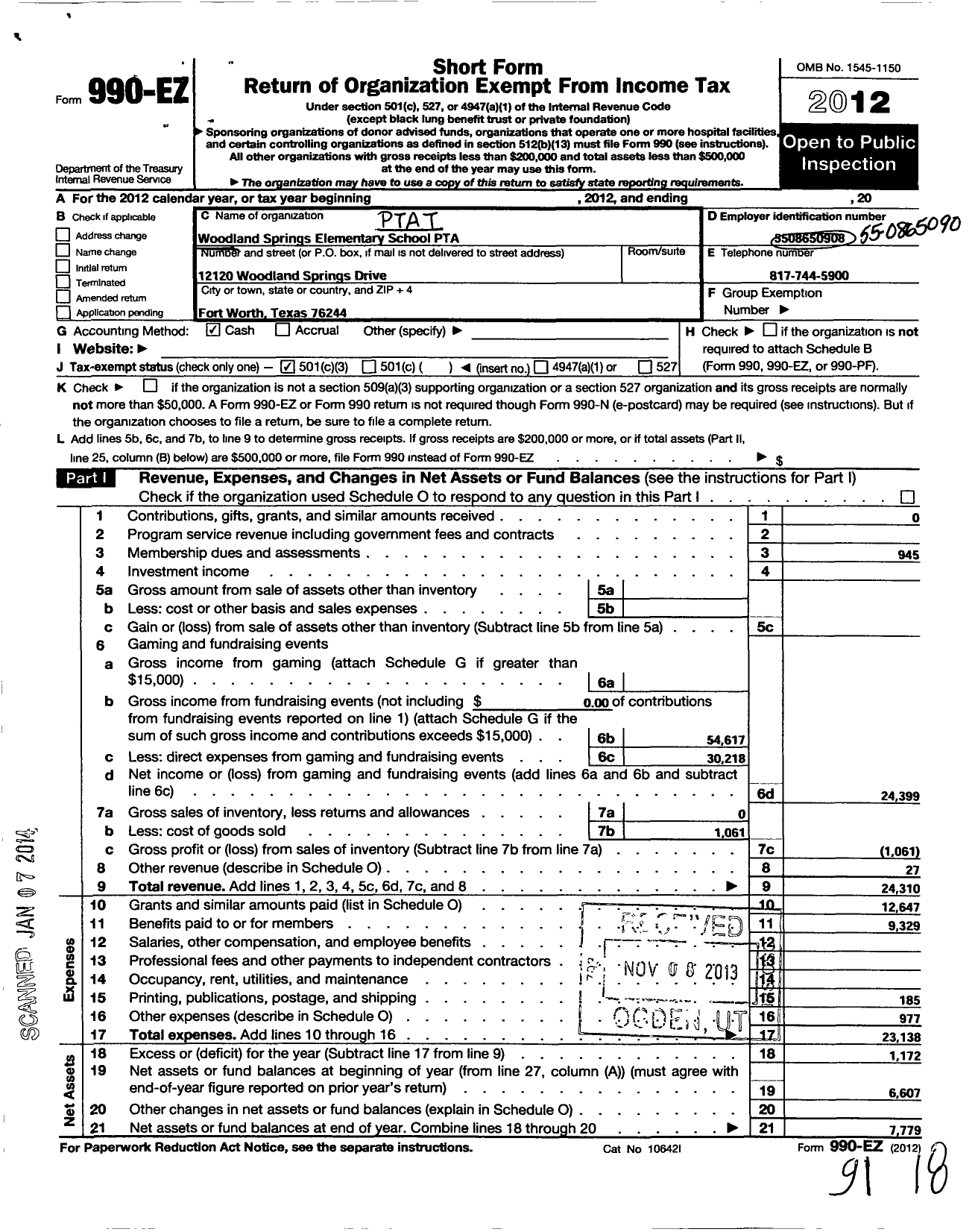 Image of first page of 2012 Form 990EZ for Texas PTA - Woodland Springs Elementary PTA