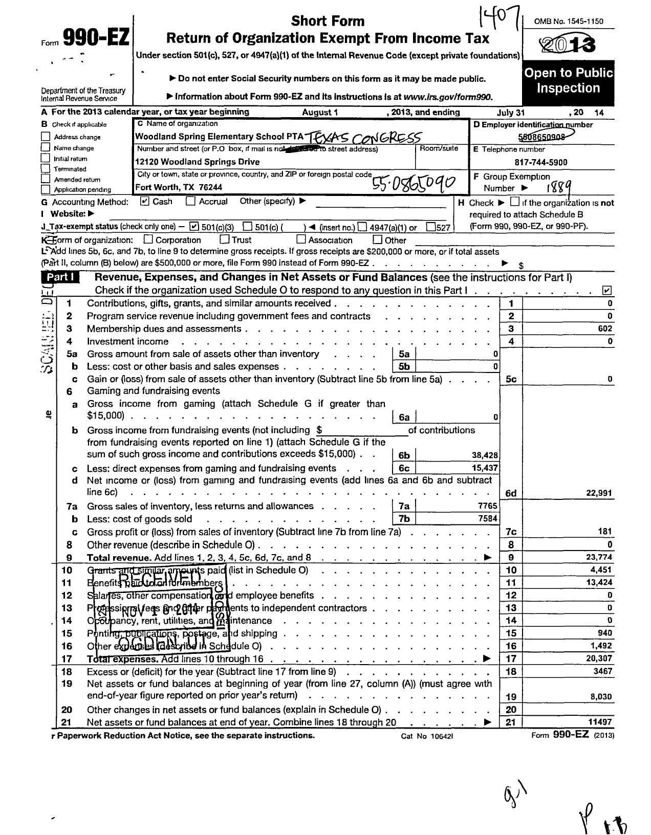 Image of first page of 2013 Form 990EZ for Texas PTA - Woodland Springs Elementary PTA