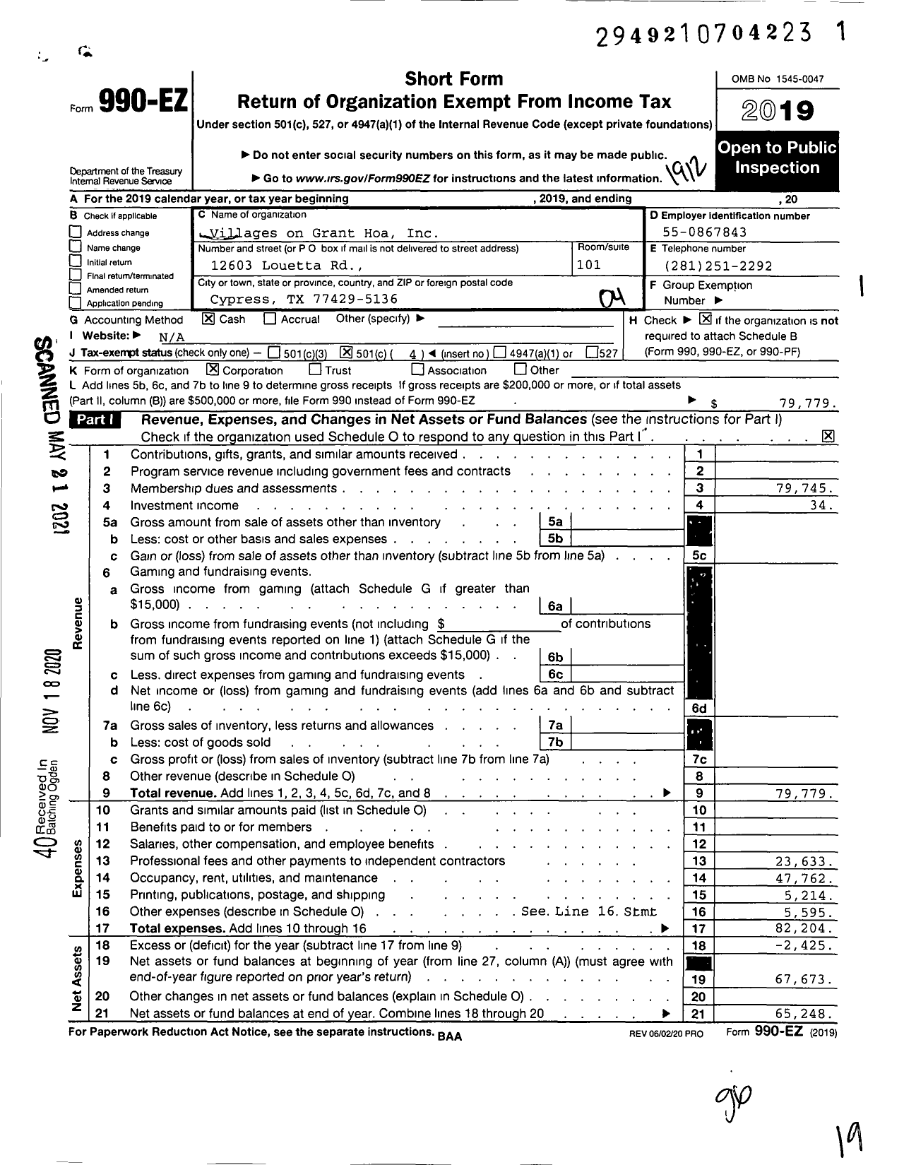 Image of first page of 2019 Form 990EO for Villages on Grant Homeowners Association