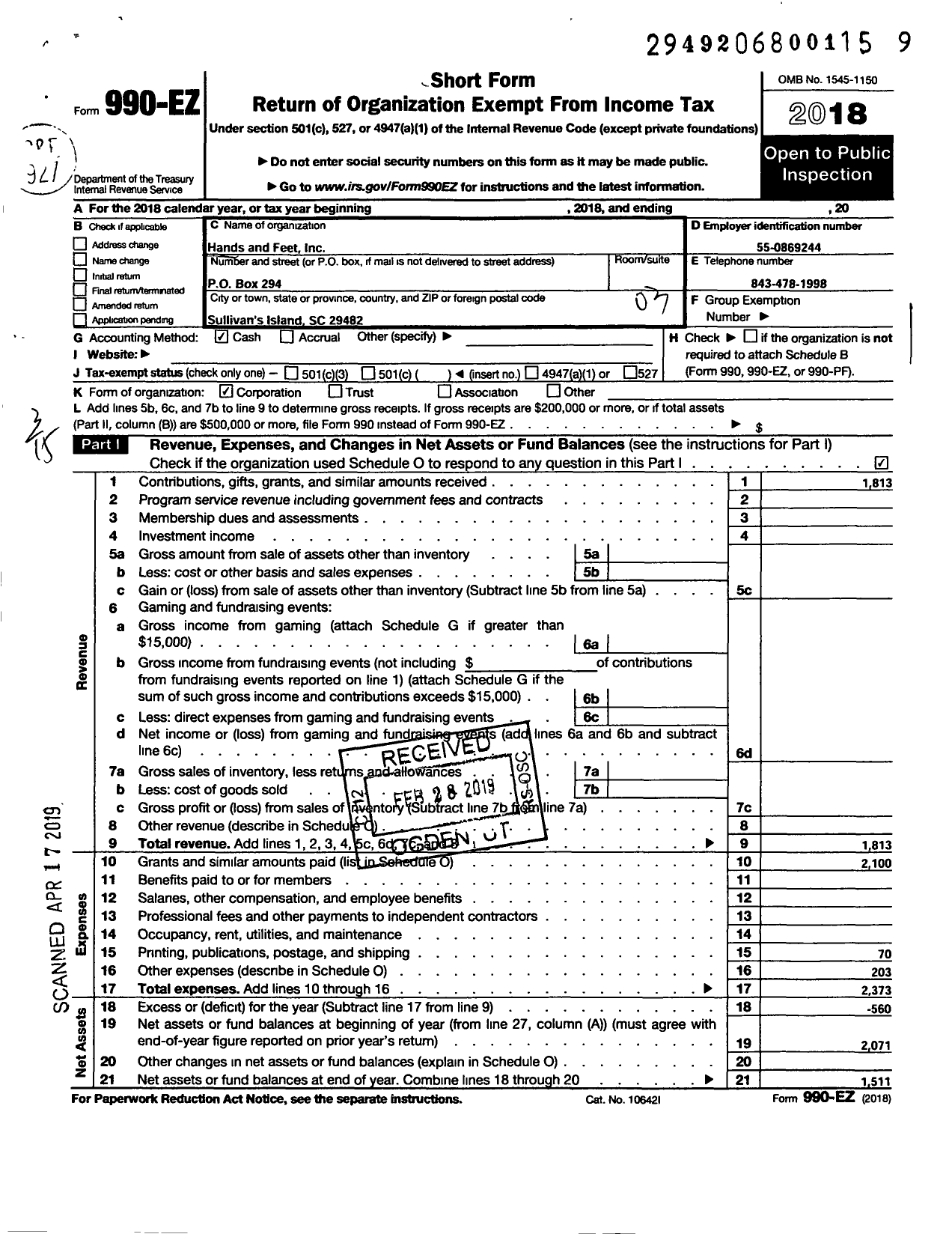 Image of first page of 2018 Form 990EZ for Hands and Feet