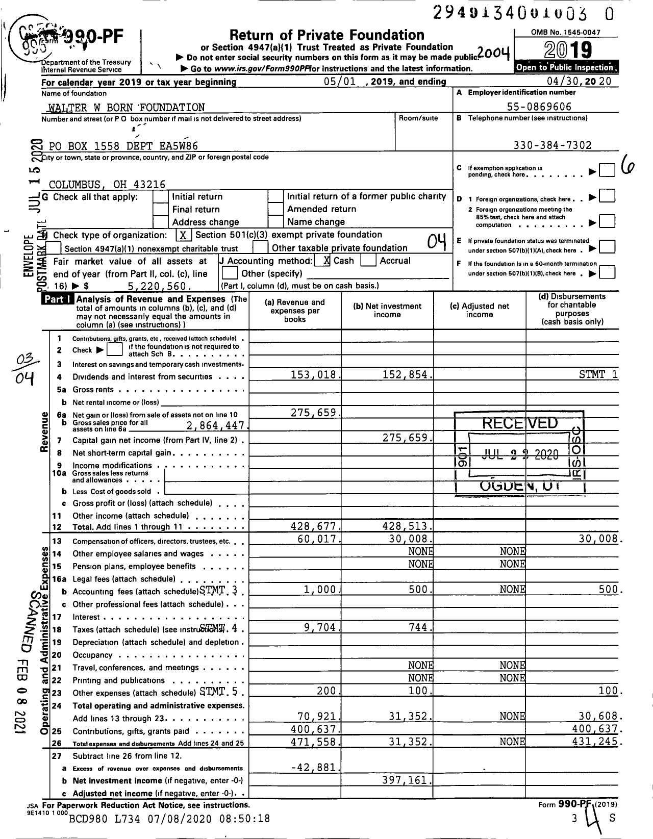 Image of first page of 2019 Form 990PF for Walter W Born Foundation