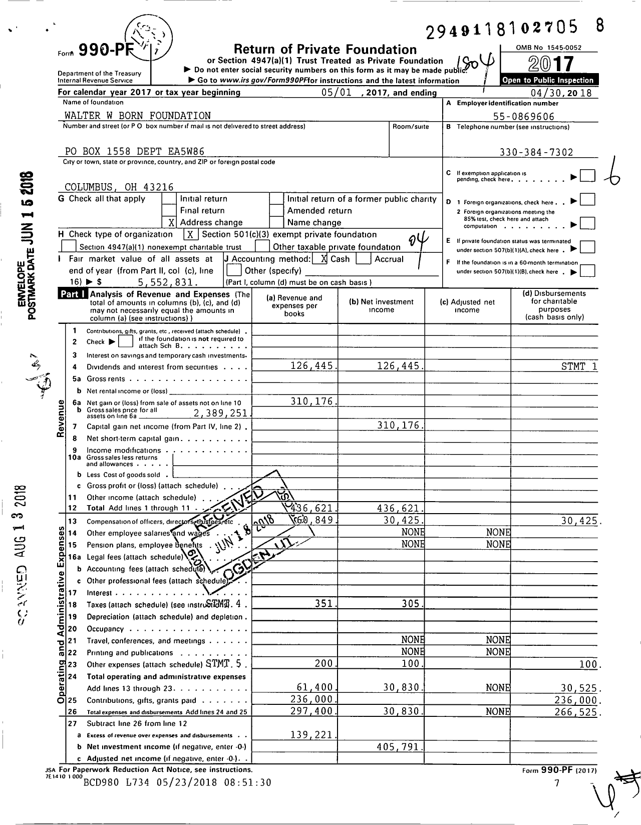 Image of first page of 2017 Form 990PF for Walter W Born Foundation