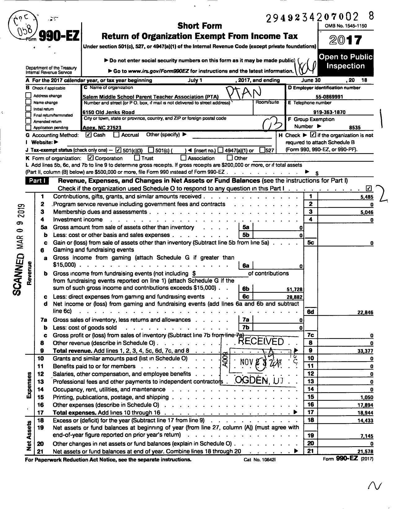 Image of first page of 2017 Form 990EZ for North Carolina PTA - Salem Middle School