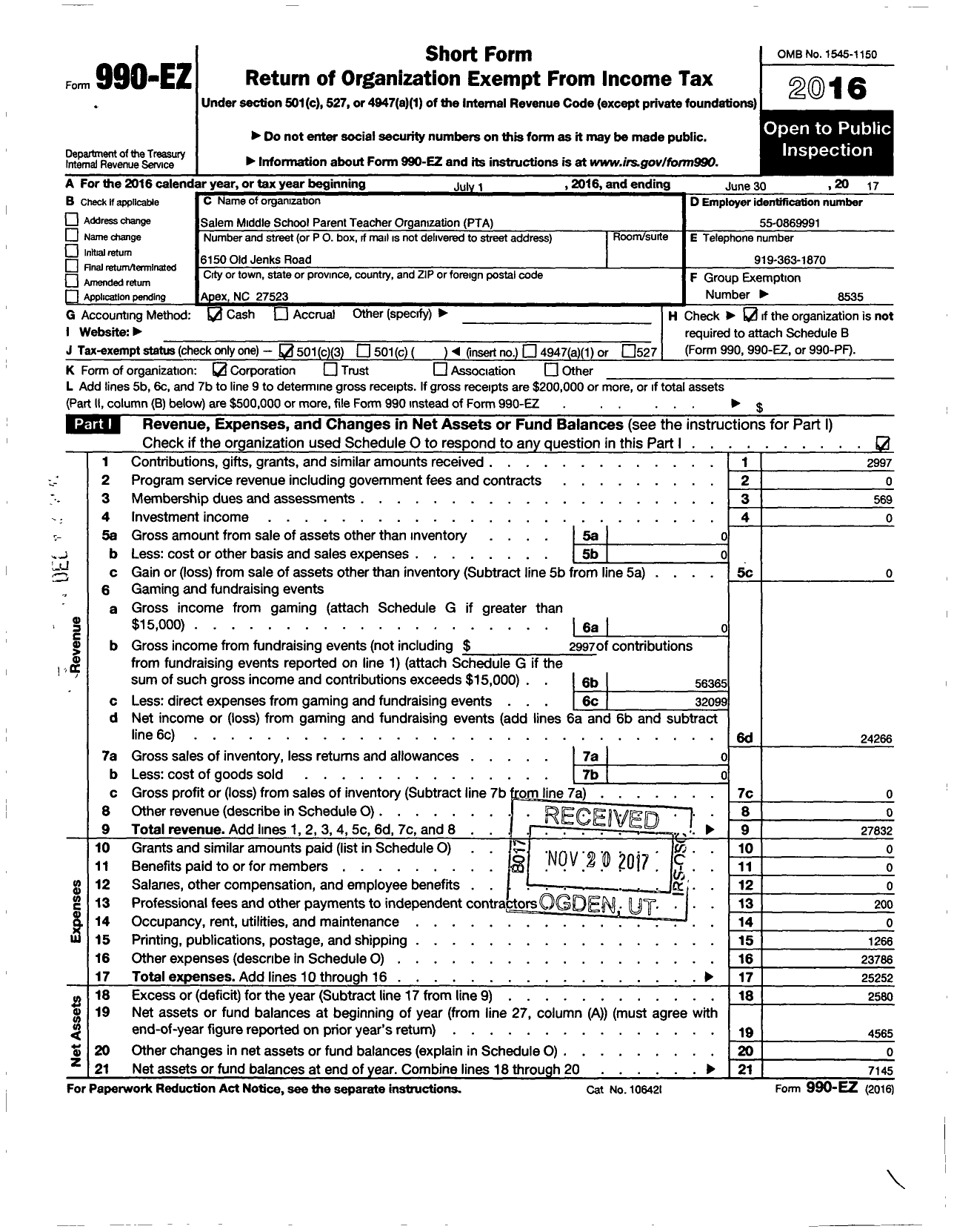 Image of first page of 2016 Form 990EZ for North Carolina PTA - Salem Middle School