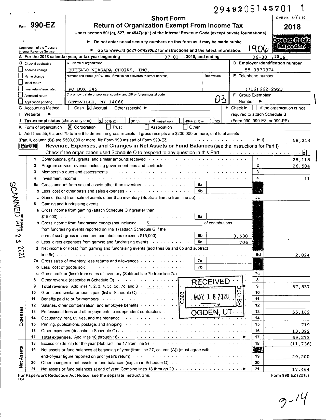 Image of first page of 2018 Form 990EZ for Buffalo Niagara Choirs