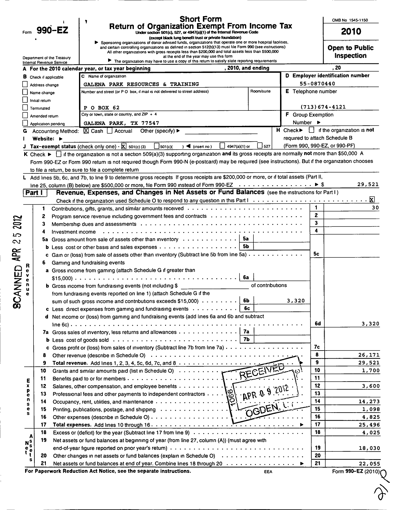 Image of first page of 2010 Form 990EZ for Galena Park Resource and Training Center