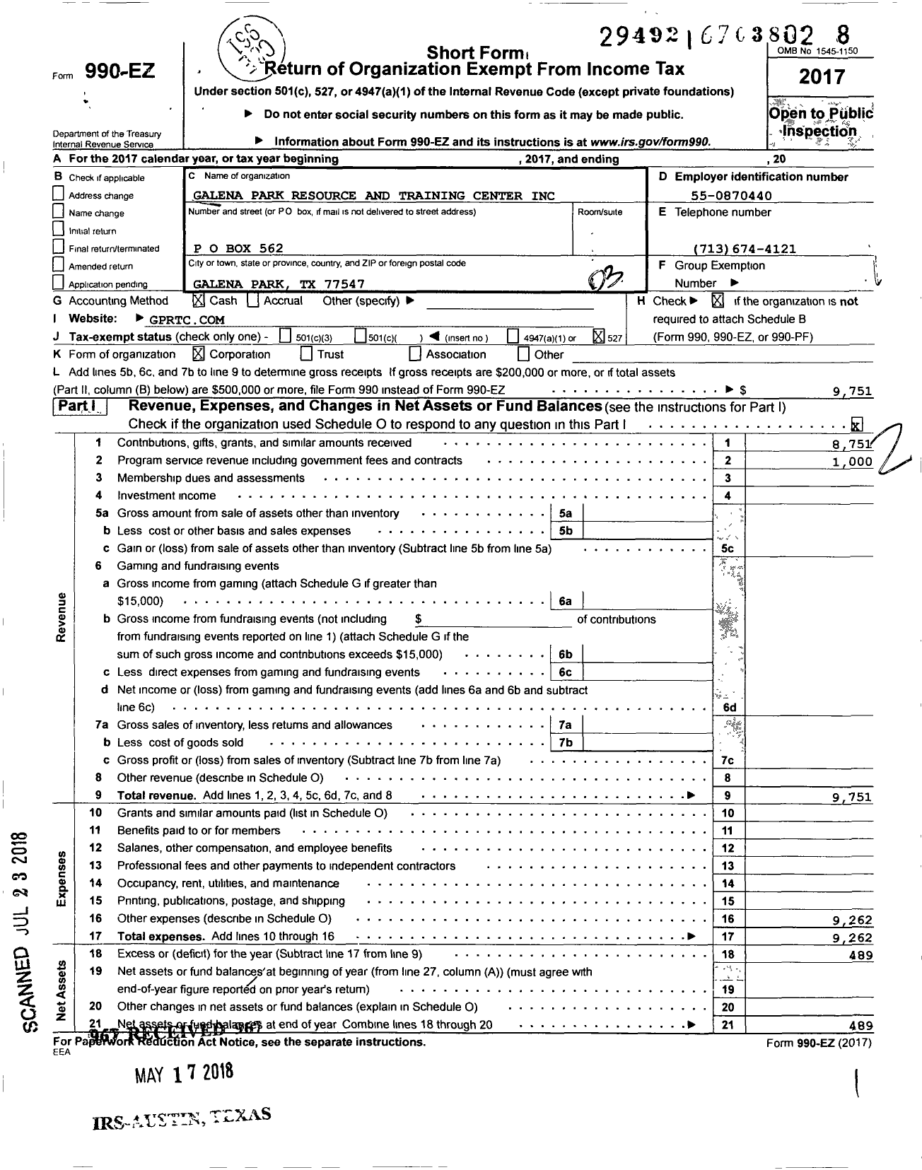 Image of first page of 2017 Form 990EZ for Galena Park Resource and Training Center