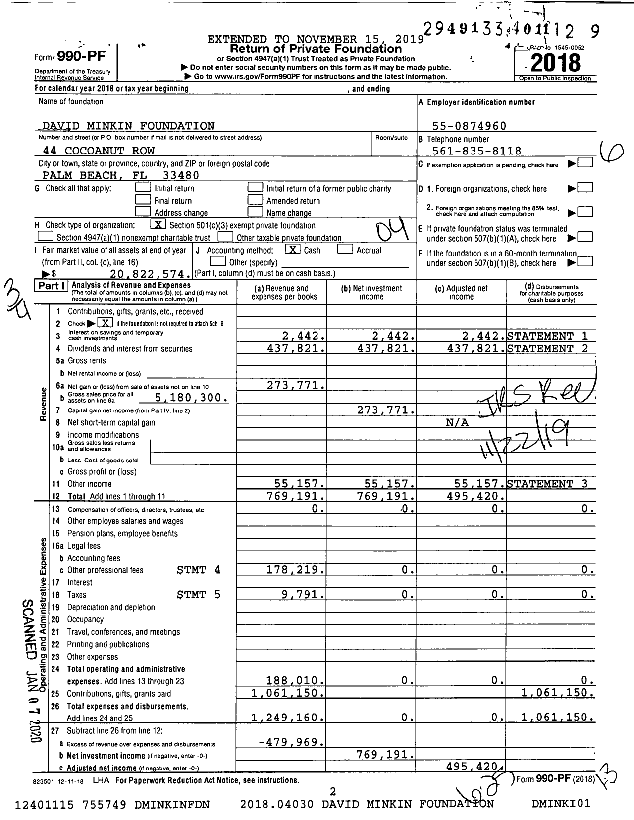 Image of first page of 2018 Form 990PF for David Minkin Foundation