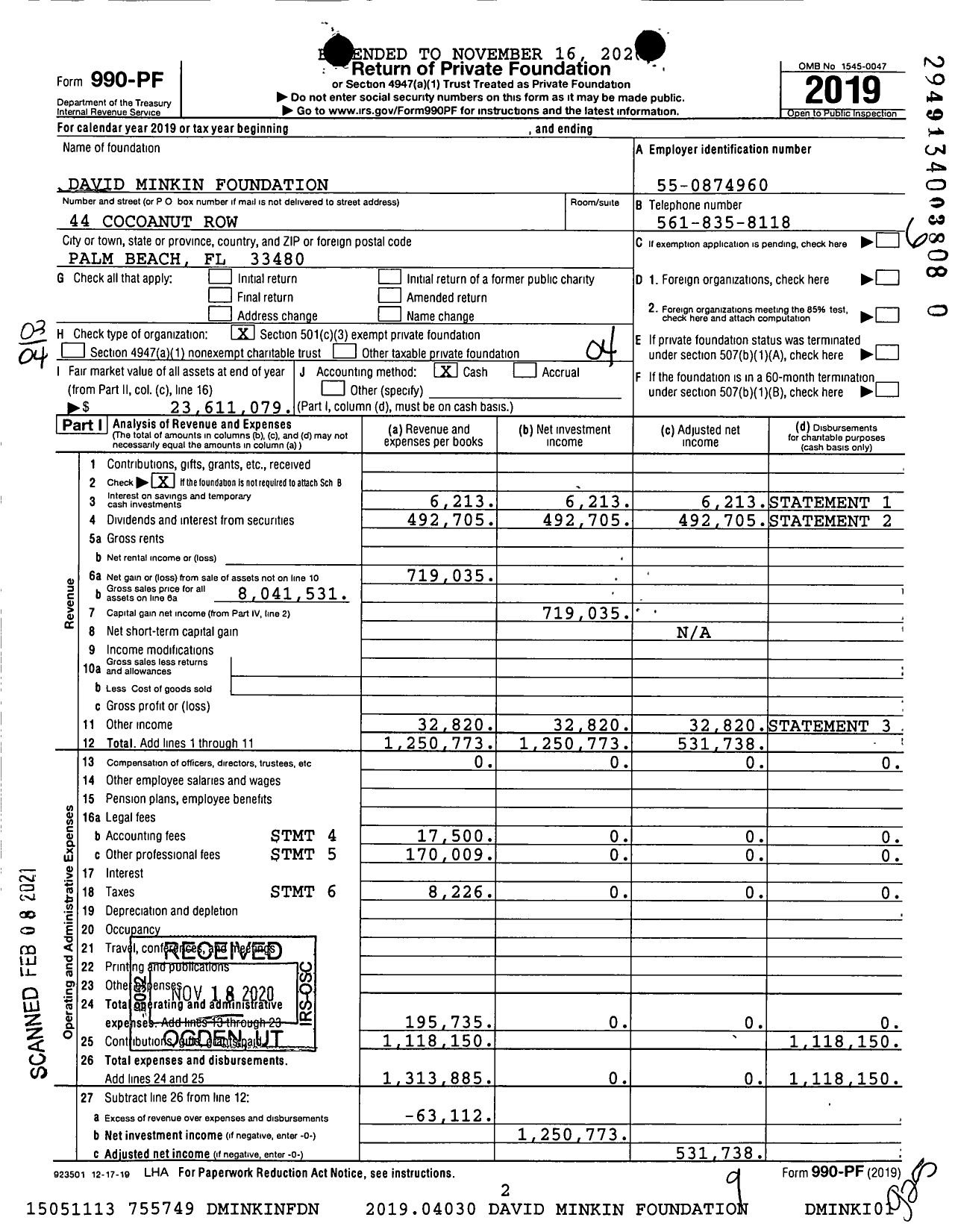 Image of first page of 2019 Form 990PF for David Minkin Foundation