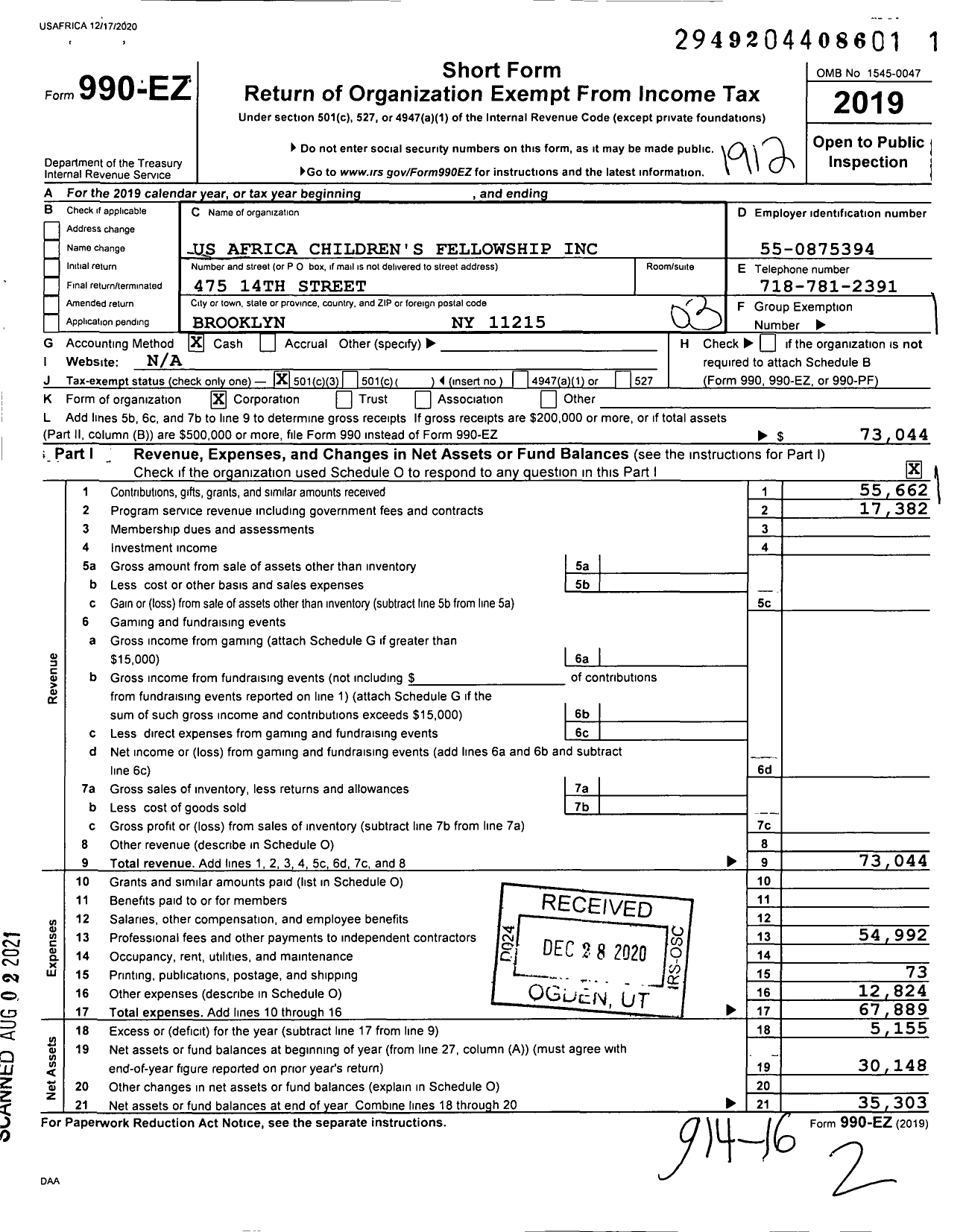 Image of first page of 2019 Form 990EZ for Us Africa Childrens Fellowship