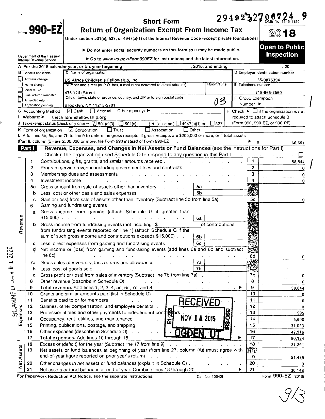 Image of first page of 2018 Form 990EZ for Us Africa Childrens Fellowship