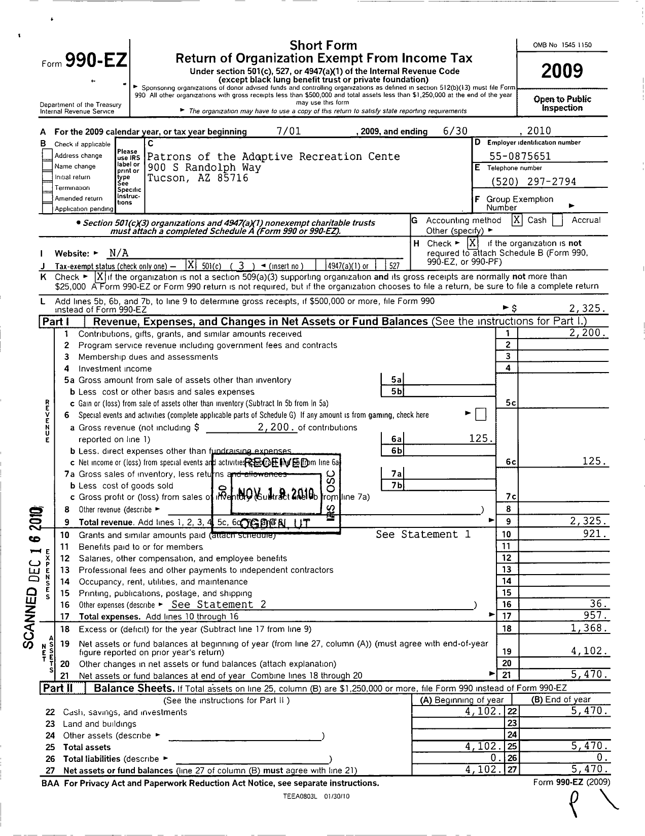 Image of first page of 2009 Form 990EZ for Patrons of the Adaptive Recreation Center