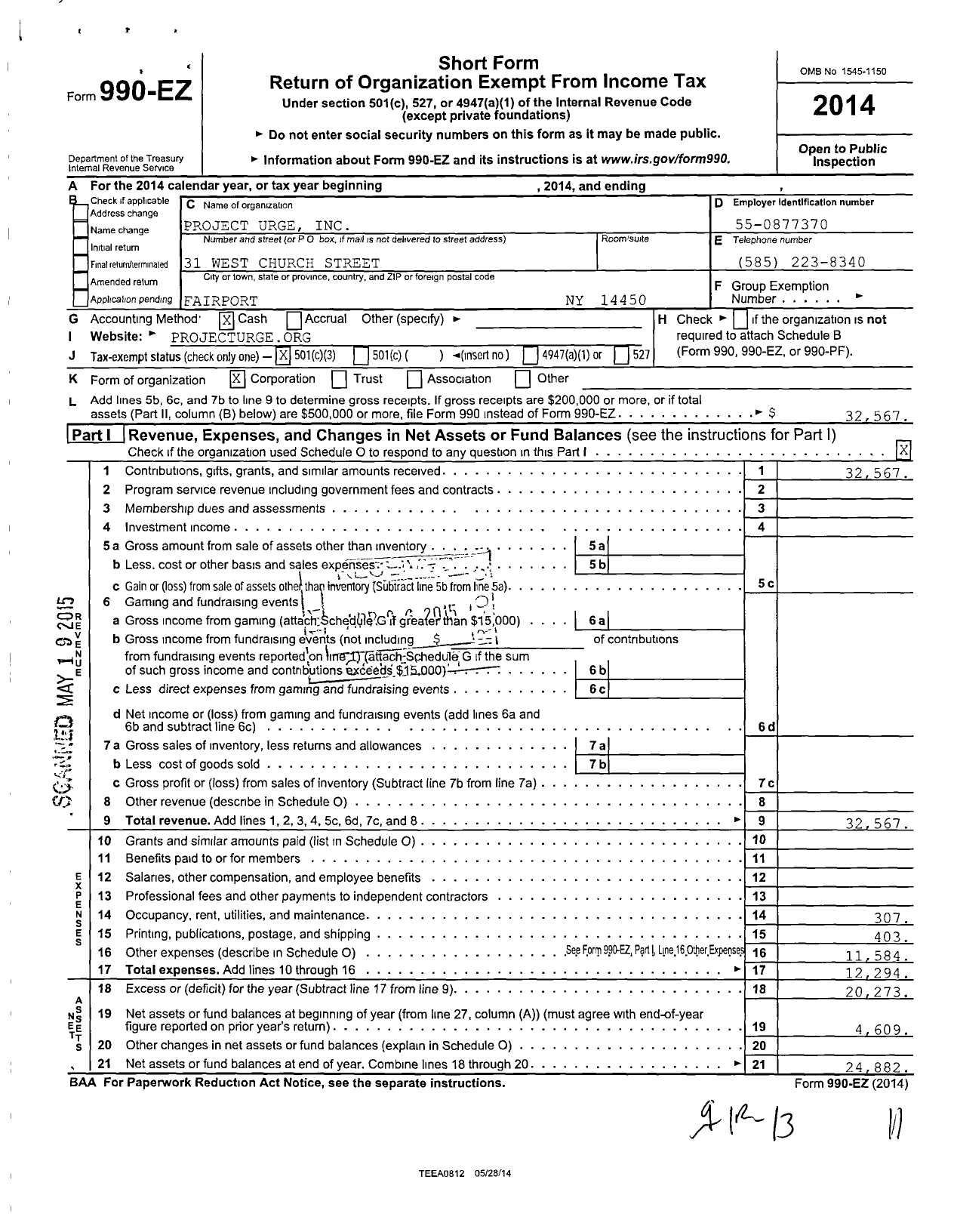 Image of first page of 2014 Form 990EZ for Project Urge