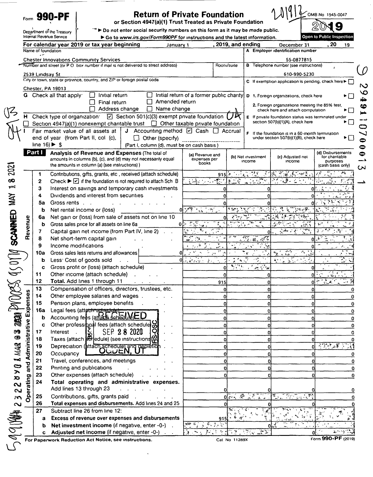 Image of first page of 2019 Form 990PF for Chester Innovations Community Services