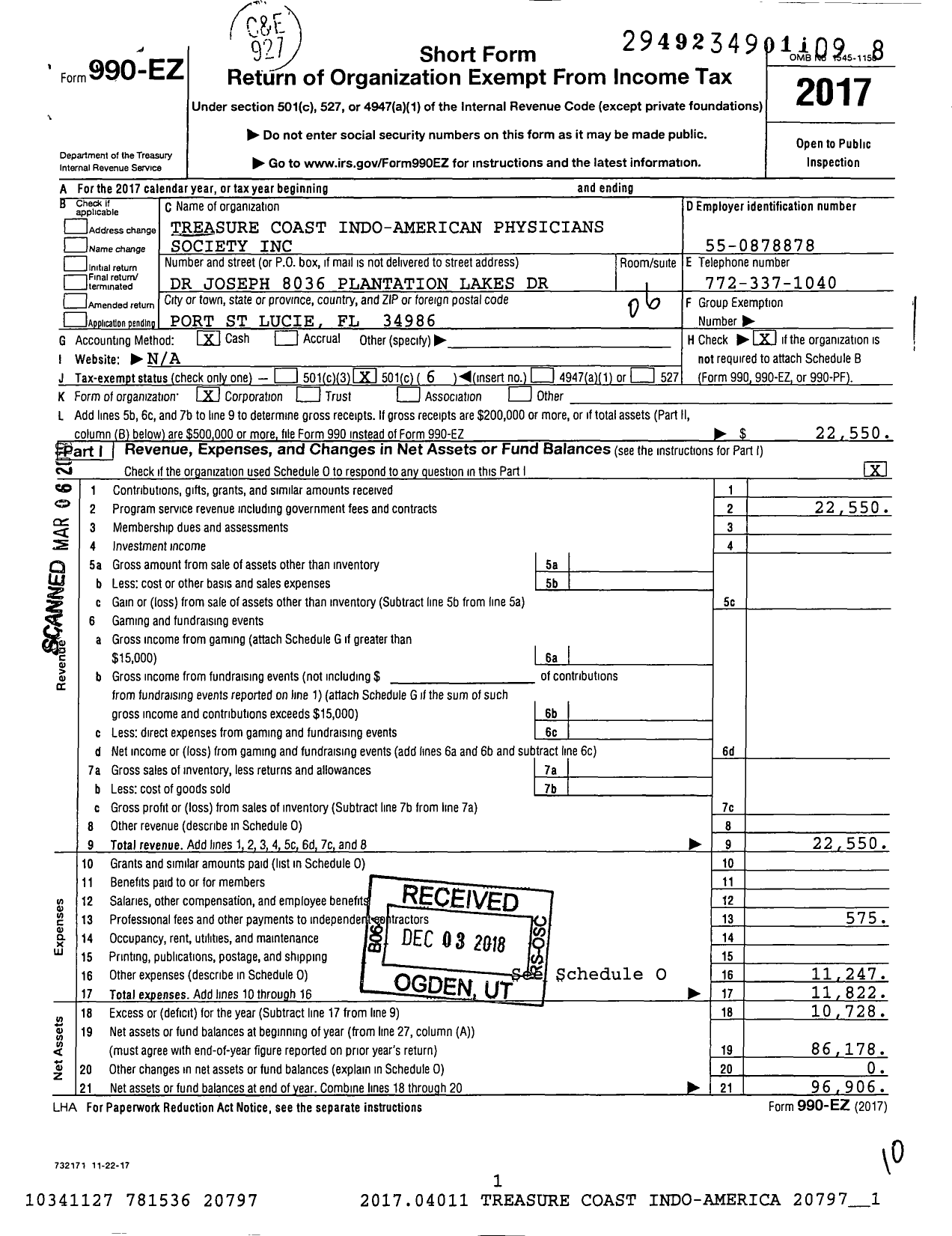 Image of first page of 2017 Form 990EO for Treasure Coast Indo-American Physicians Society