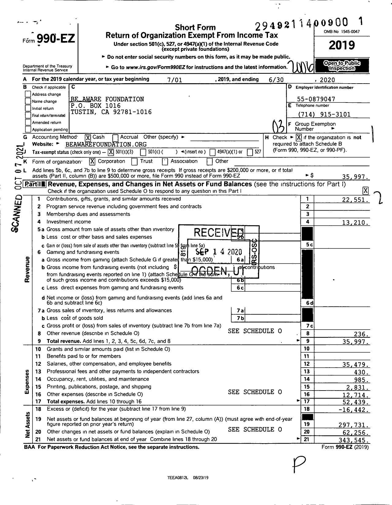 Image of first page of 2019 Form 990EZ for The Pink Journey Foundation