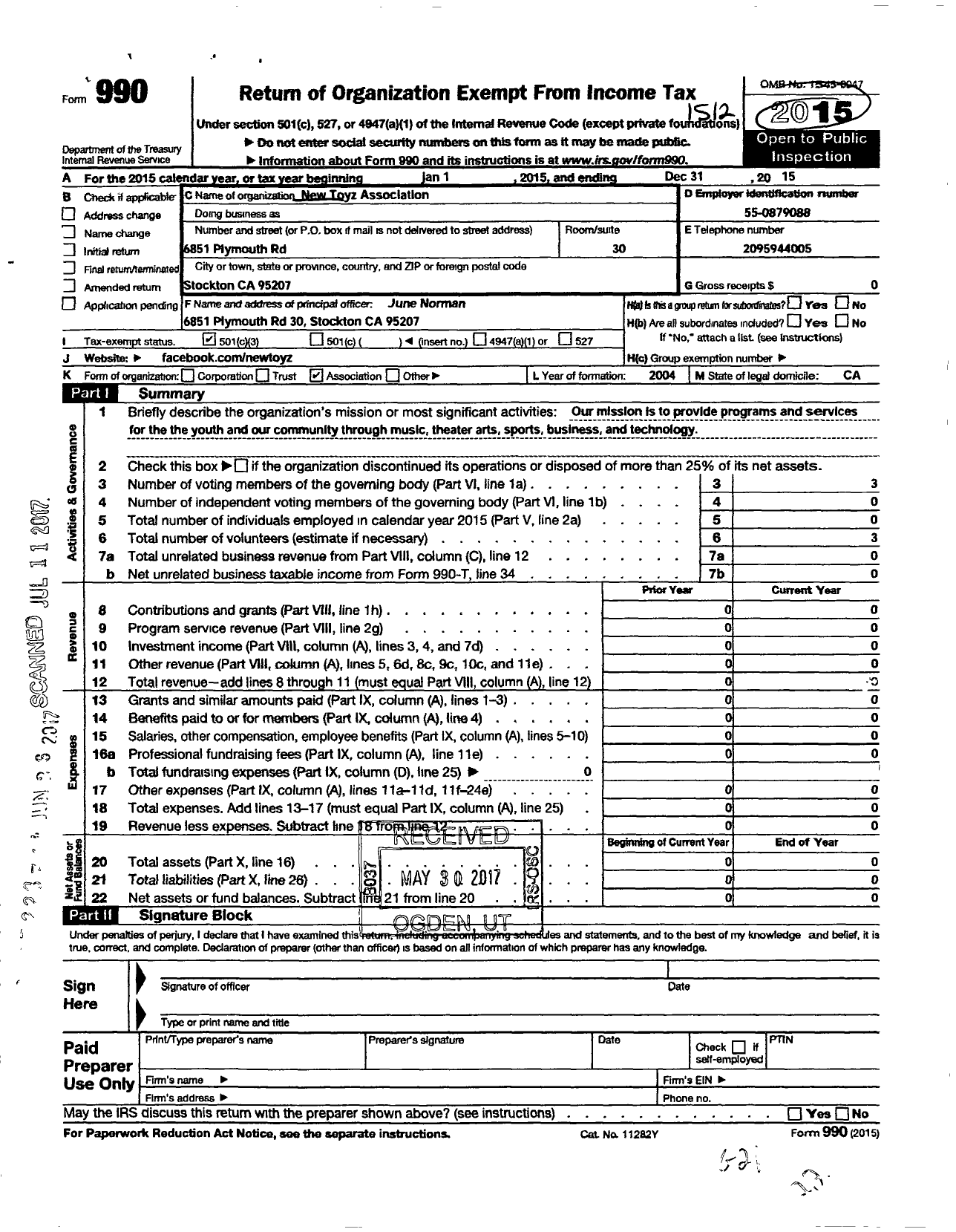 Image of first page of 2015 Form 990 for New Toyz Association