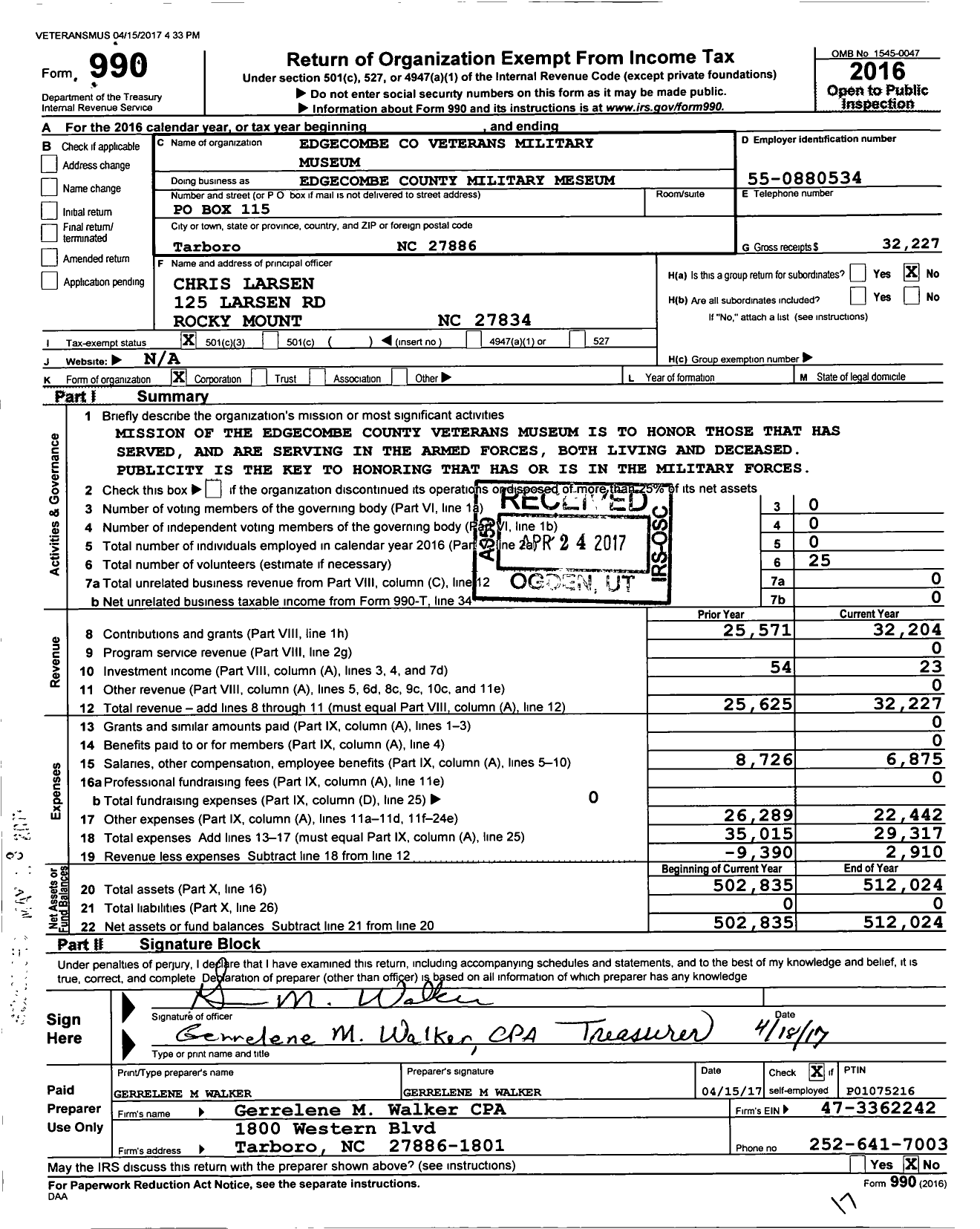 Image of first page of 2016 Form 990 for Edgecombe County Veterans Military Museum