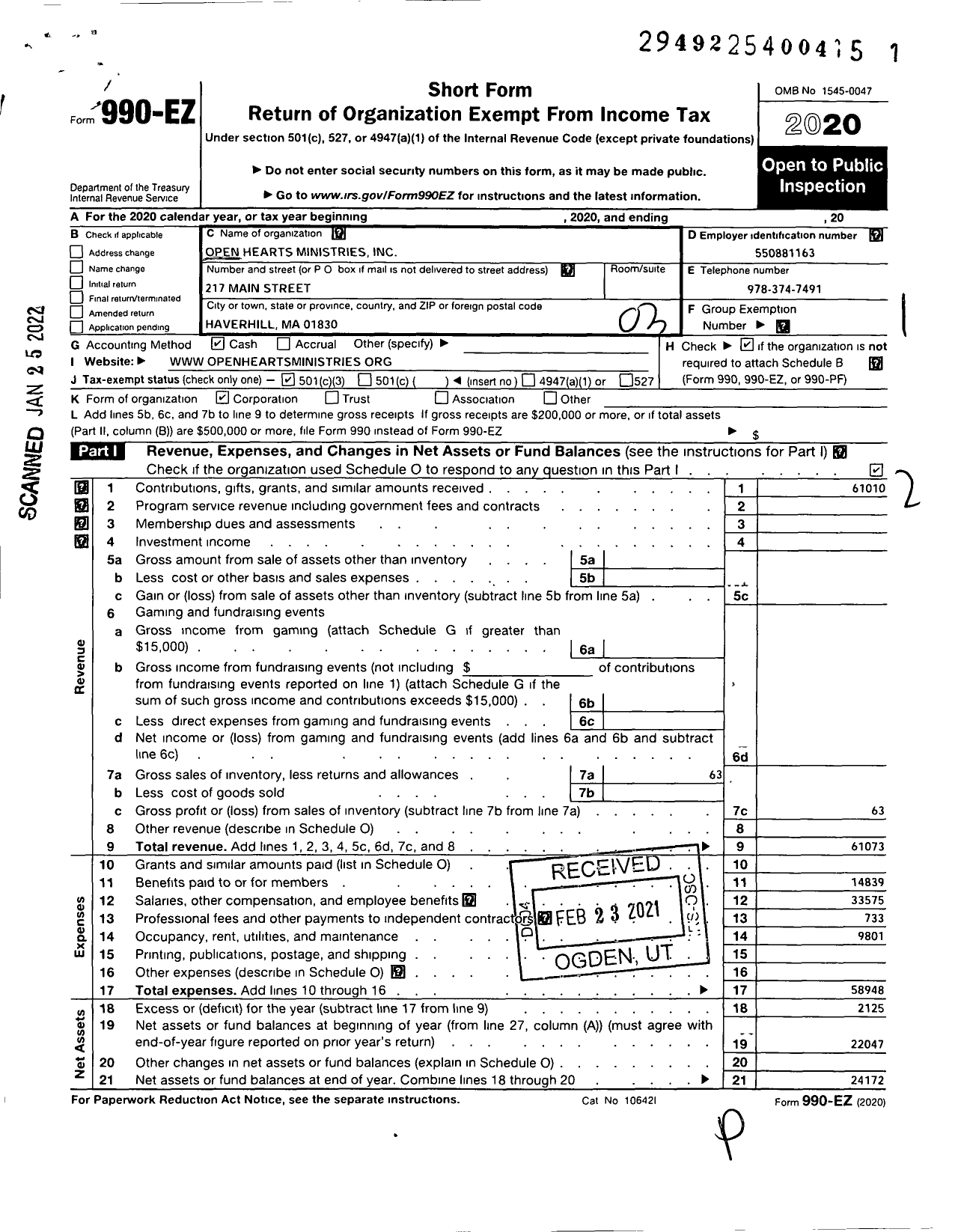 Image of first page of 2020 Form 990EZ for Open Hearts Ministries