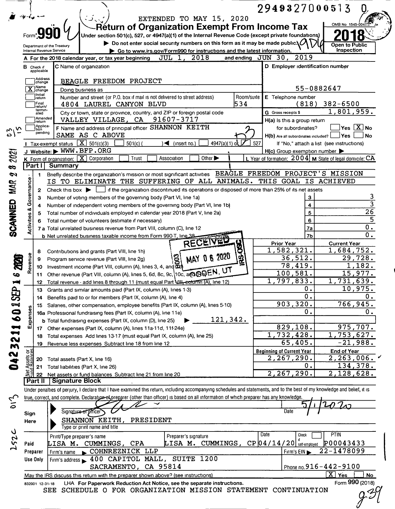 Image of first page of 2018 Form 990 for Beagle Freedom Project