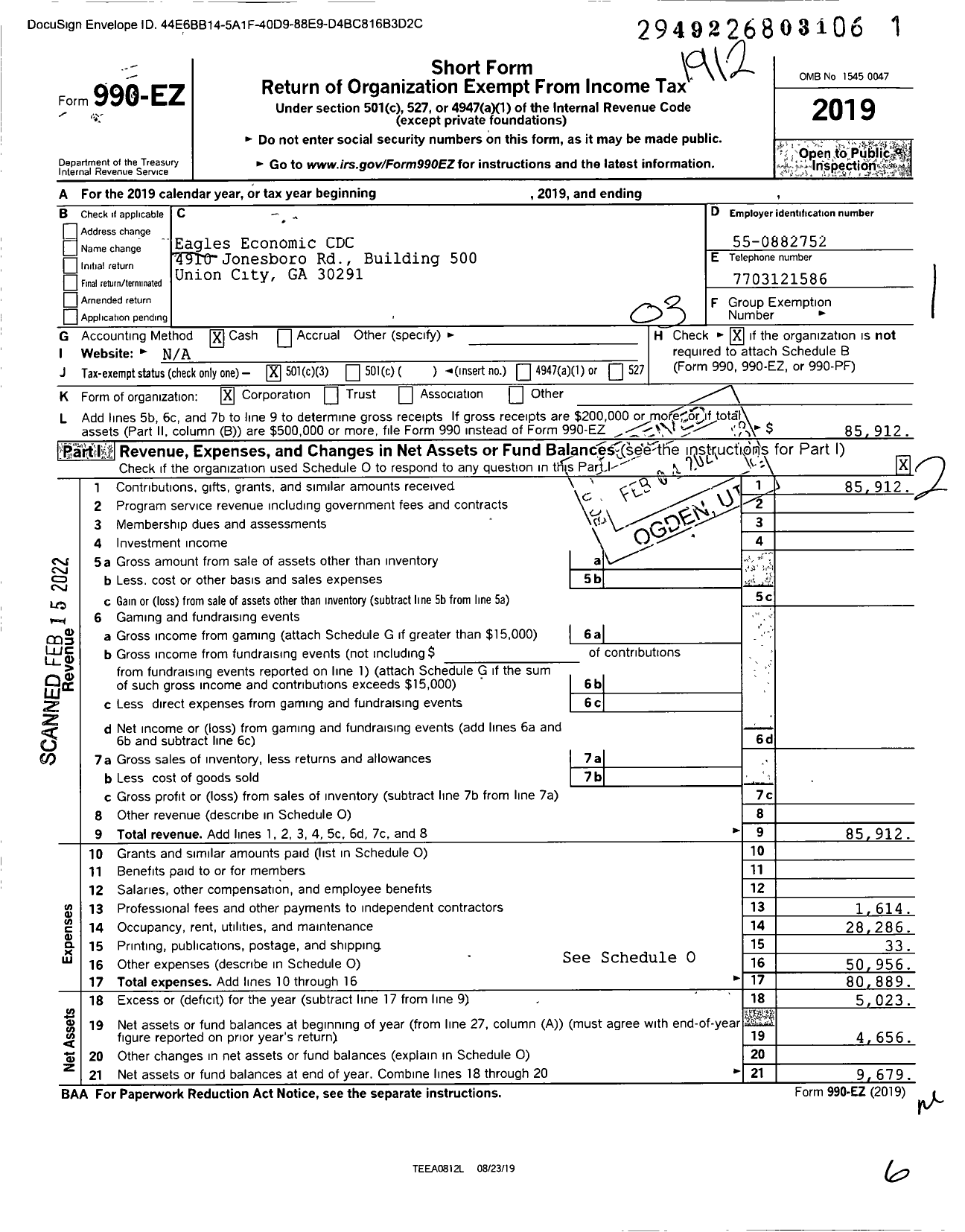 Image of first page of 2019 Form 990EZ for Eagles Economic CDC