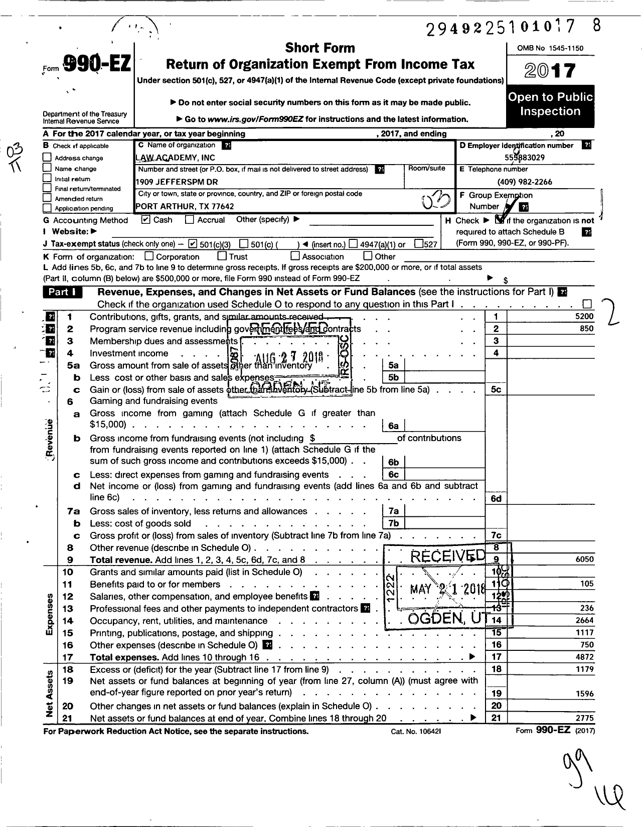 Image of first page of 2017 Form 990EZ for Law Academy