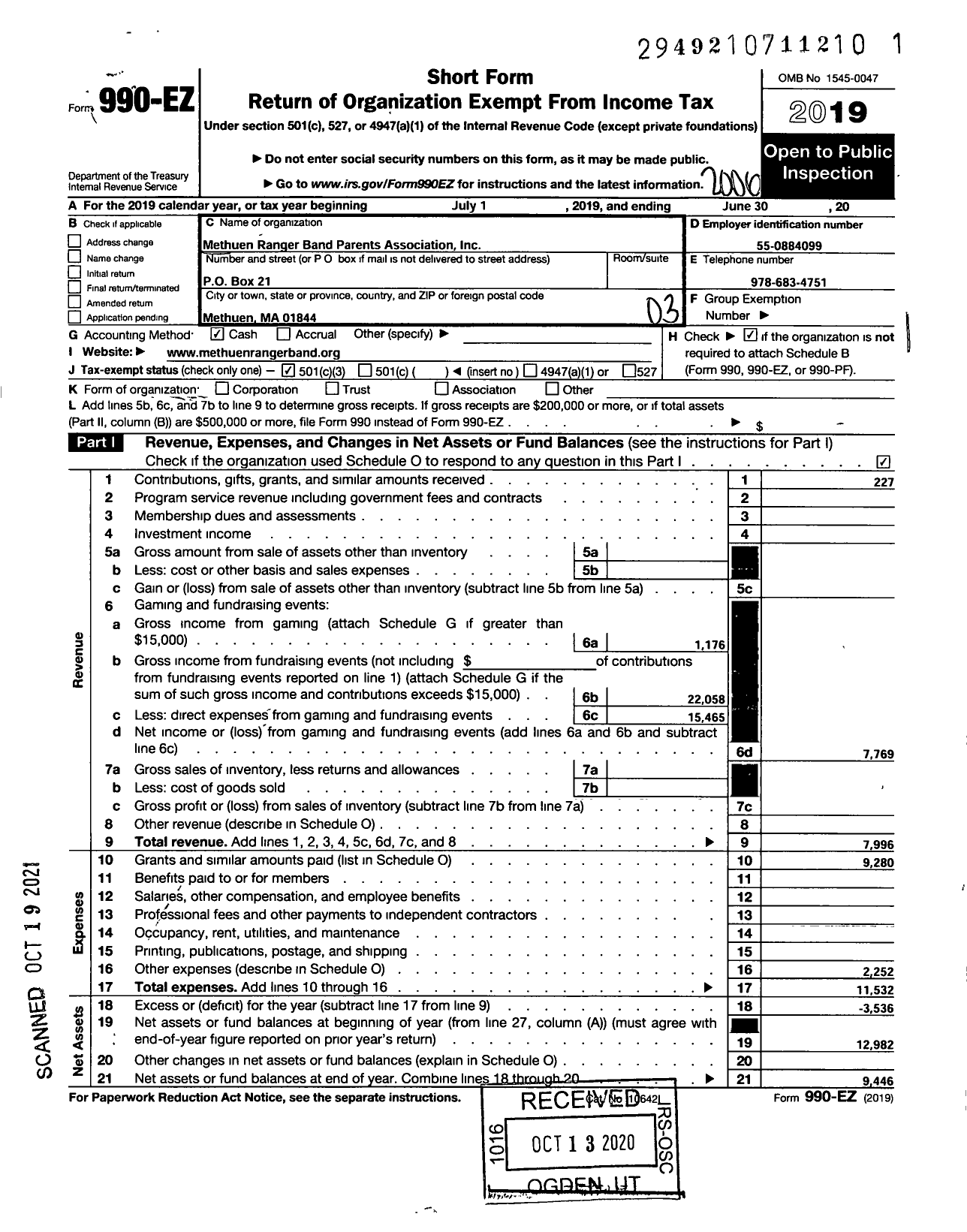 Image of first page of 2019 Form 990EZ for Methuen Ranger Band Parents Association